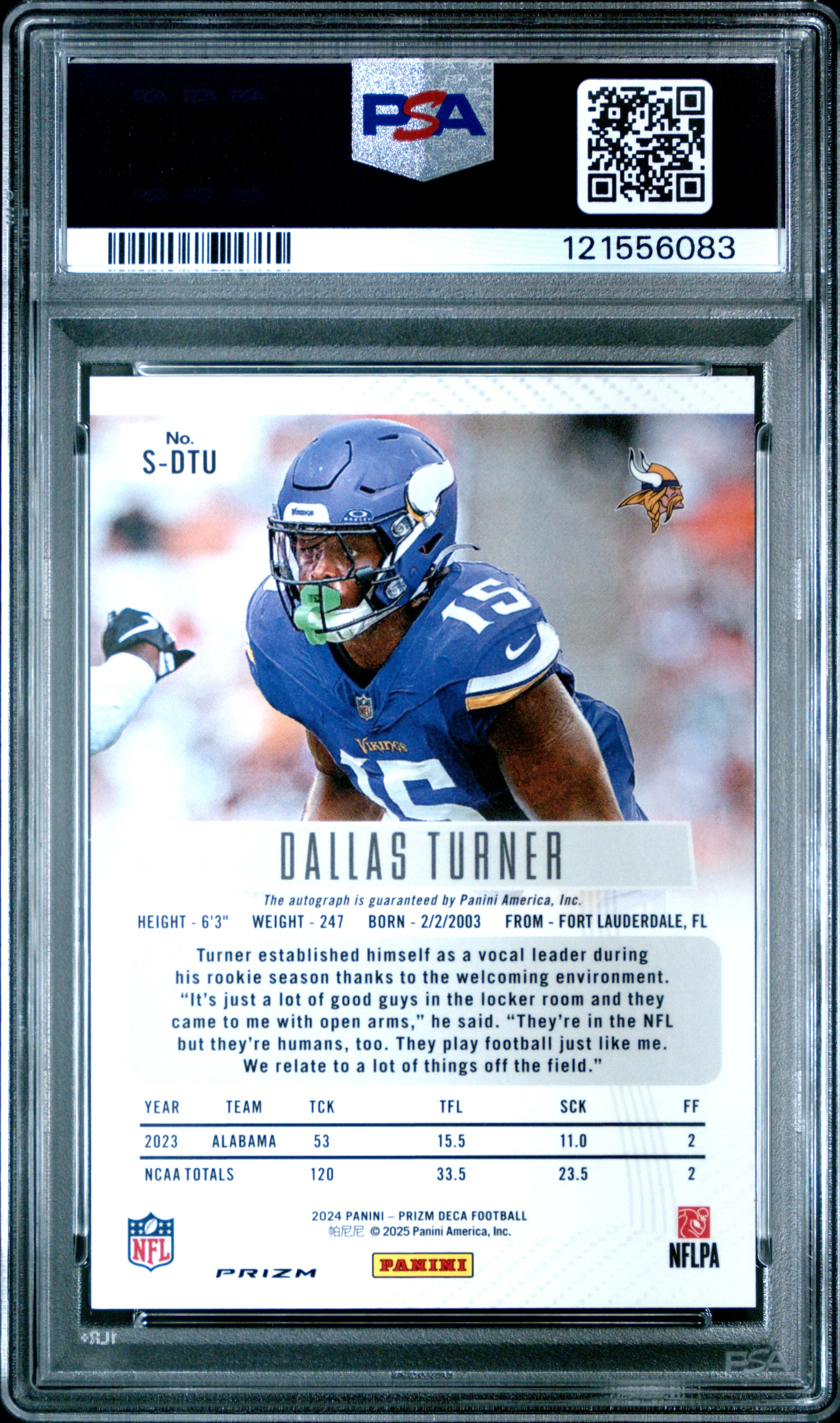 DALLAS TURNER | 2024 PANINI PRIZM DECA SIGNATURES SDTU | SIGNATURE-SILVER PRIZM | PSA MINT 9 - Image 2