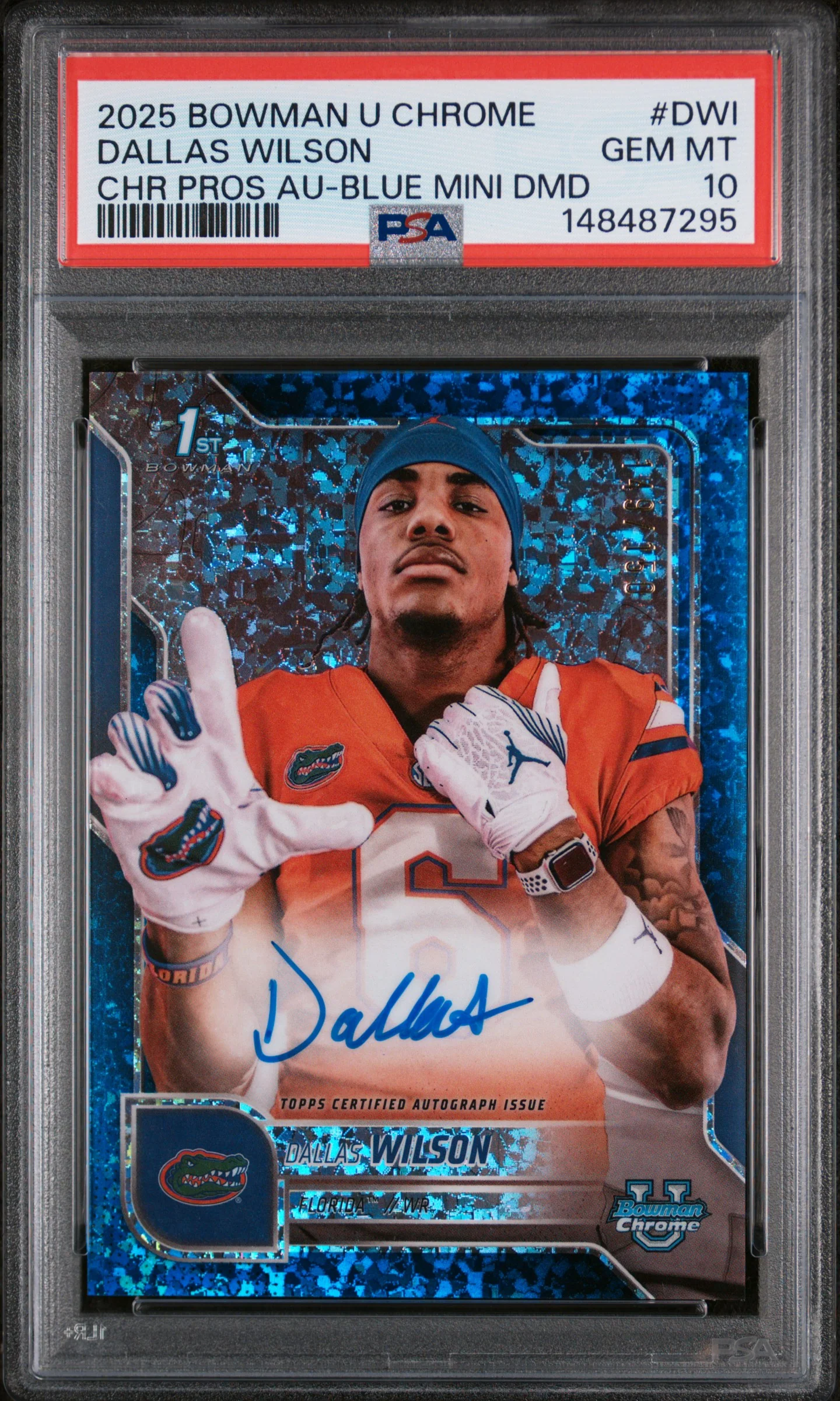 DALLAS WILSON | 2025 BOWMAN UNIVERSITY CHROME BOWMAN CHROME PROSPECT AUTOGRAPHS DWI | CHR PROS AU-BLUE MINI DMD | PSA GEM MT 10