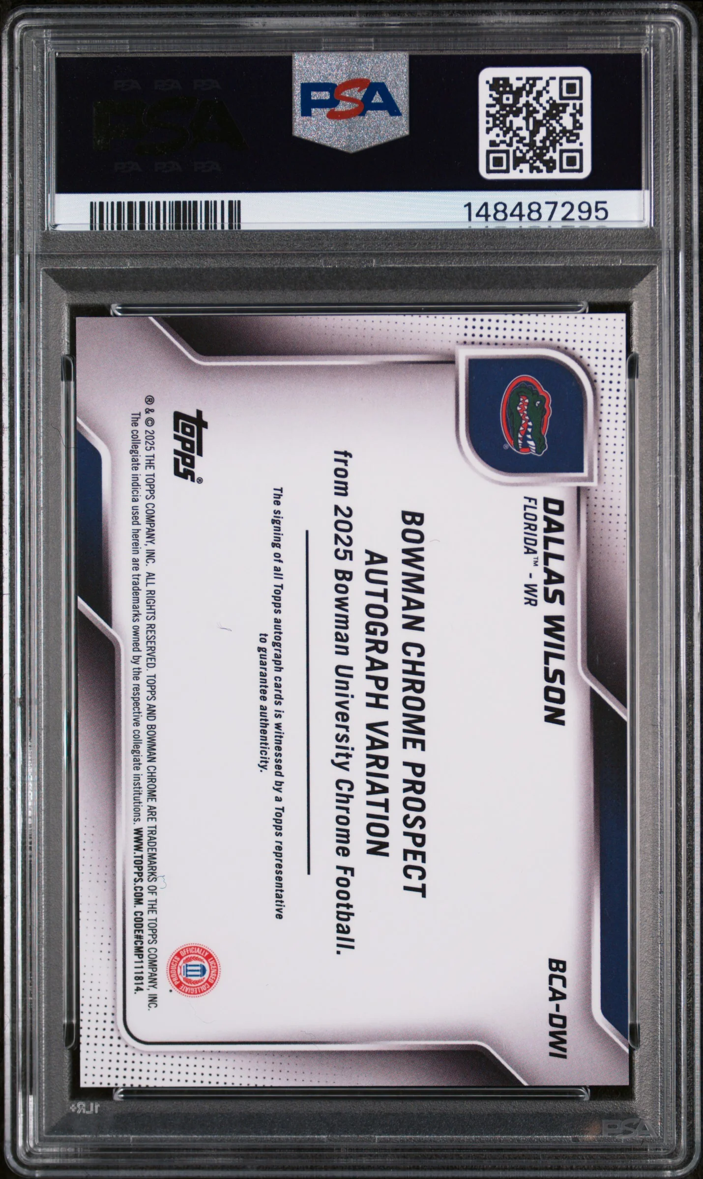 DALLAS WILSON | 2025 BOWMAN UNIVERSITY CHROME BOWMAN CHROME PROSPECT AUTOGRAPHS DWI | CHR PROS AU-BLUE MINI DMD | PSA GEM MT 10 - Image 2