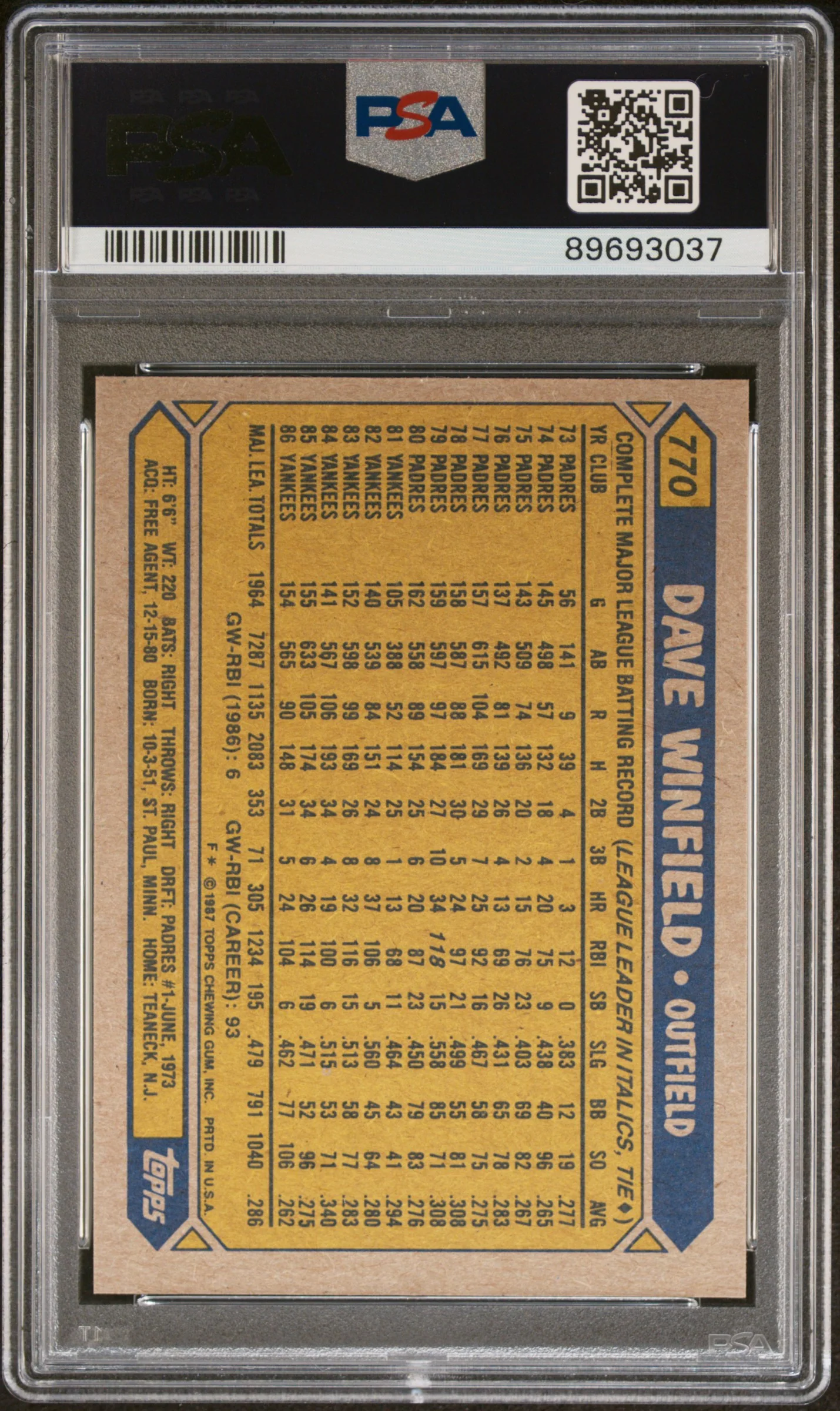DAVE WINFIELD | 1987 TOPPS 770 | PSA MINT 9 - Image 2