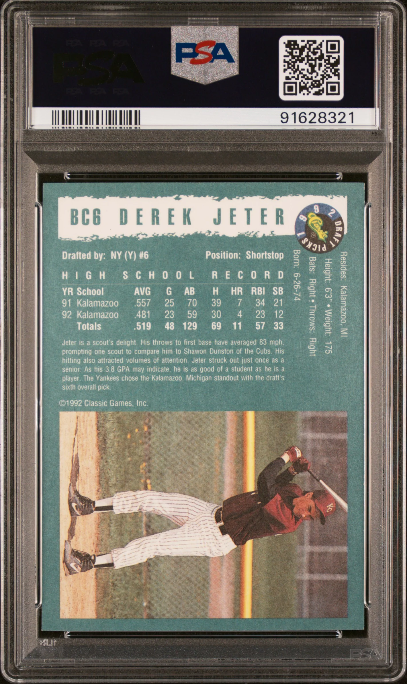 DEREK JETER | 1992 CLASSIC BC6 | DRAFT PICK FOIL BONUS | PSA NM 7 - Image 2