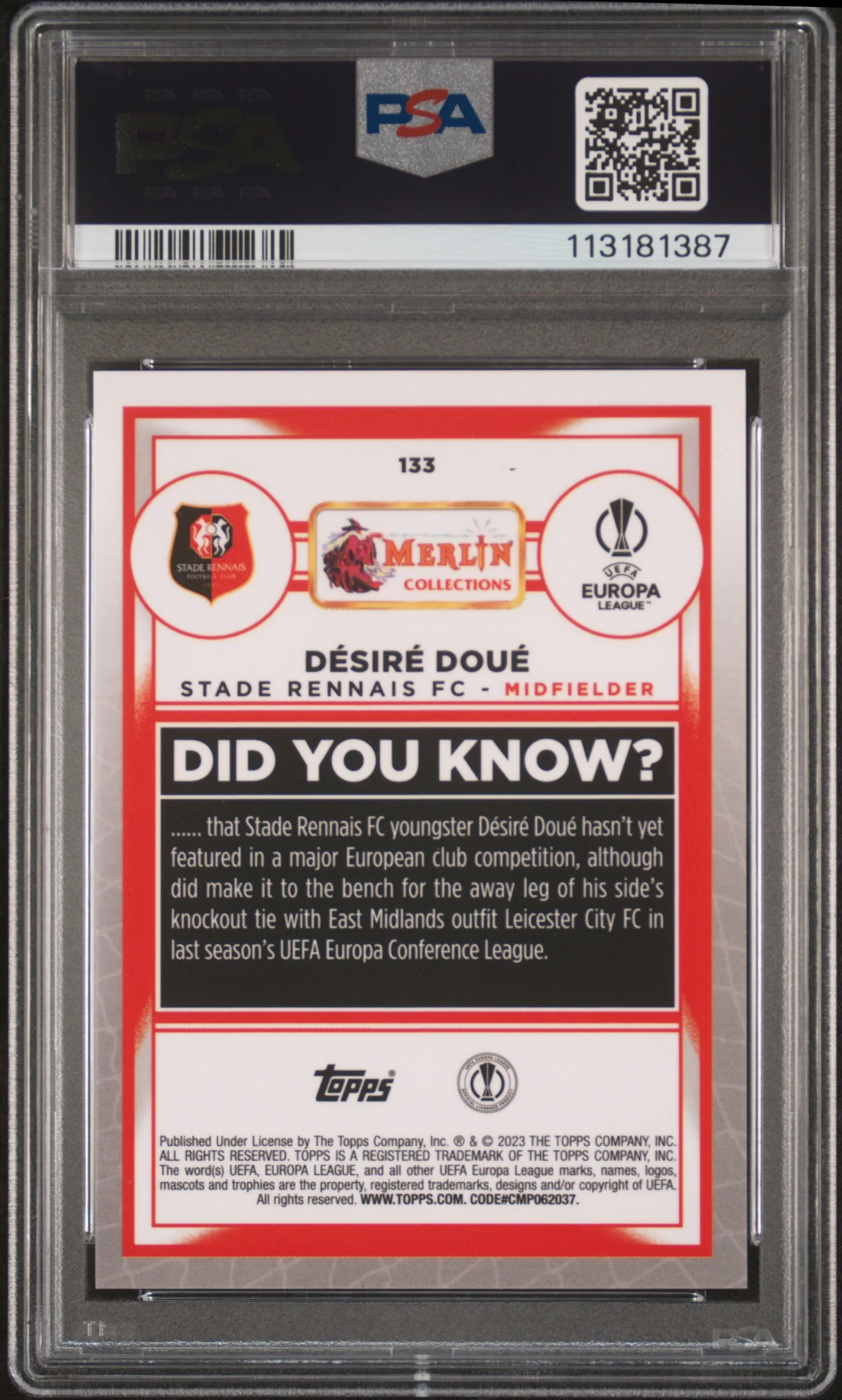 DESIRE DOUE | 2022-23 TOPPS MERLIN CHROME UEFA CLUB COMPETITIONS 133 | NEON GREEN SHIMMER | PSA GEM MT 10 - Image 2