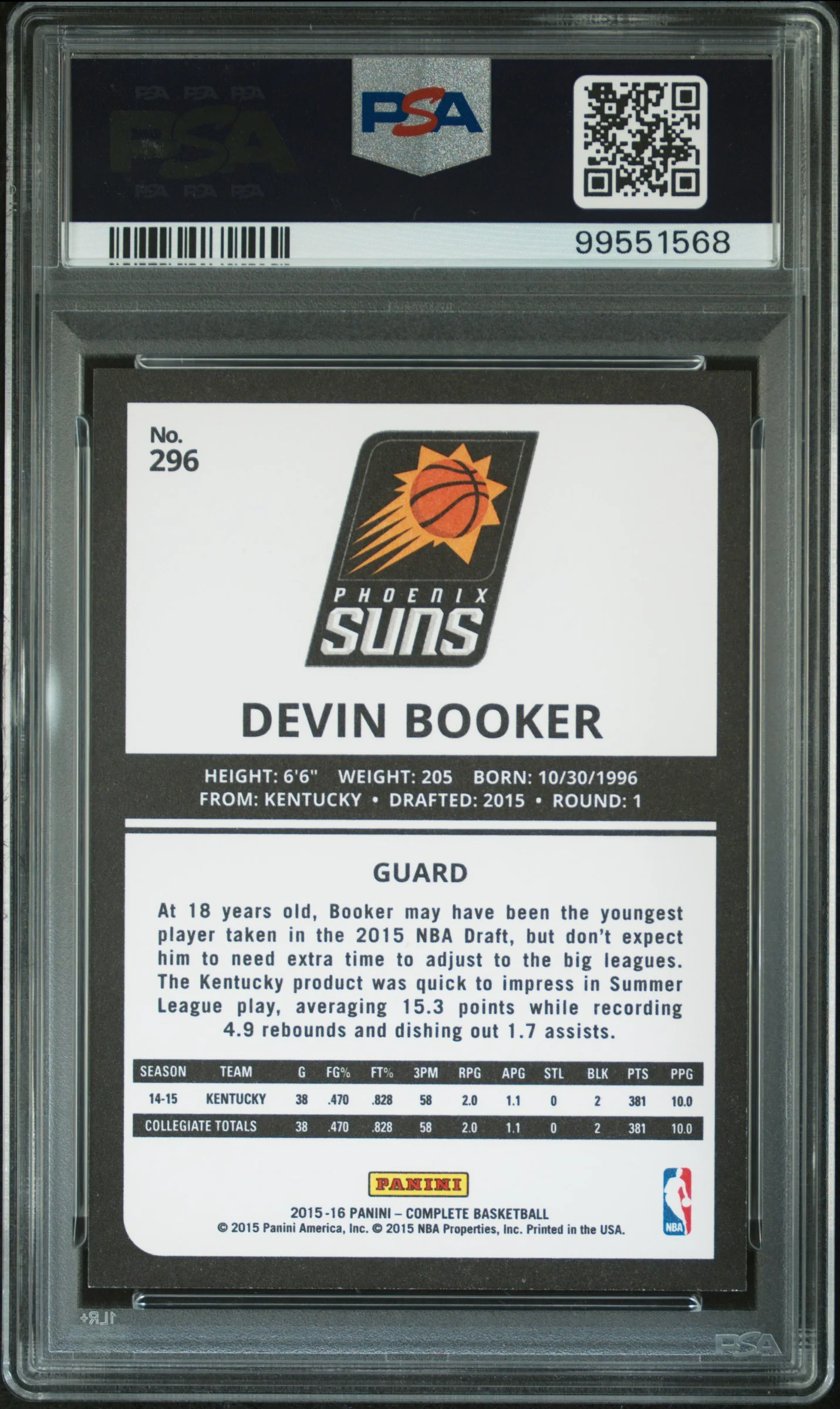 DEVIN BOOKER | 2015 PANINI COMPLETE 296 | PSA MINT 9 - Image 2