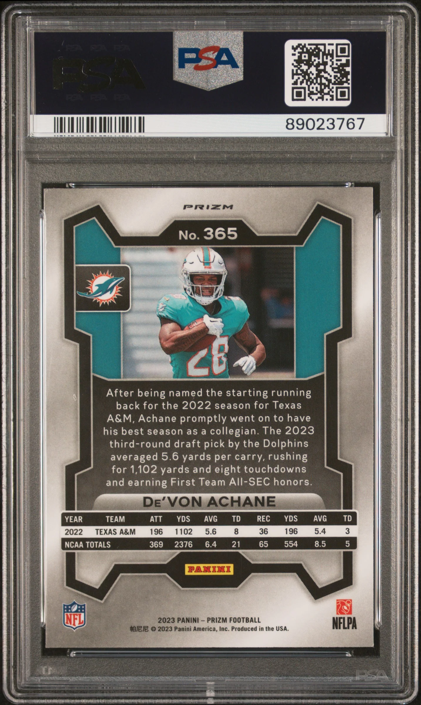 De'VON ACHANE | 2023 PANINI PRIZM 365 | SILVER PRIZM | PSA GEM MT 10 - Image 2