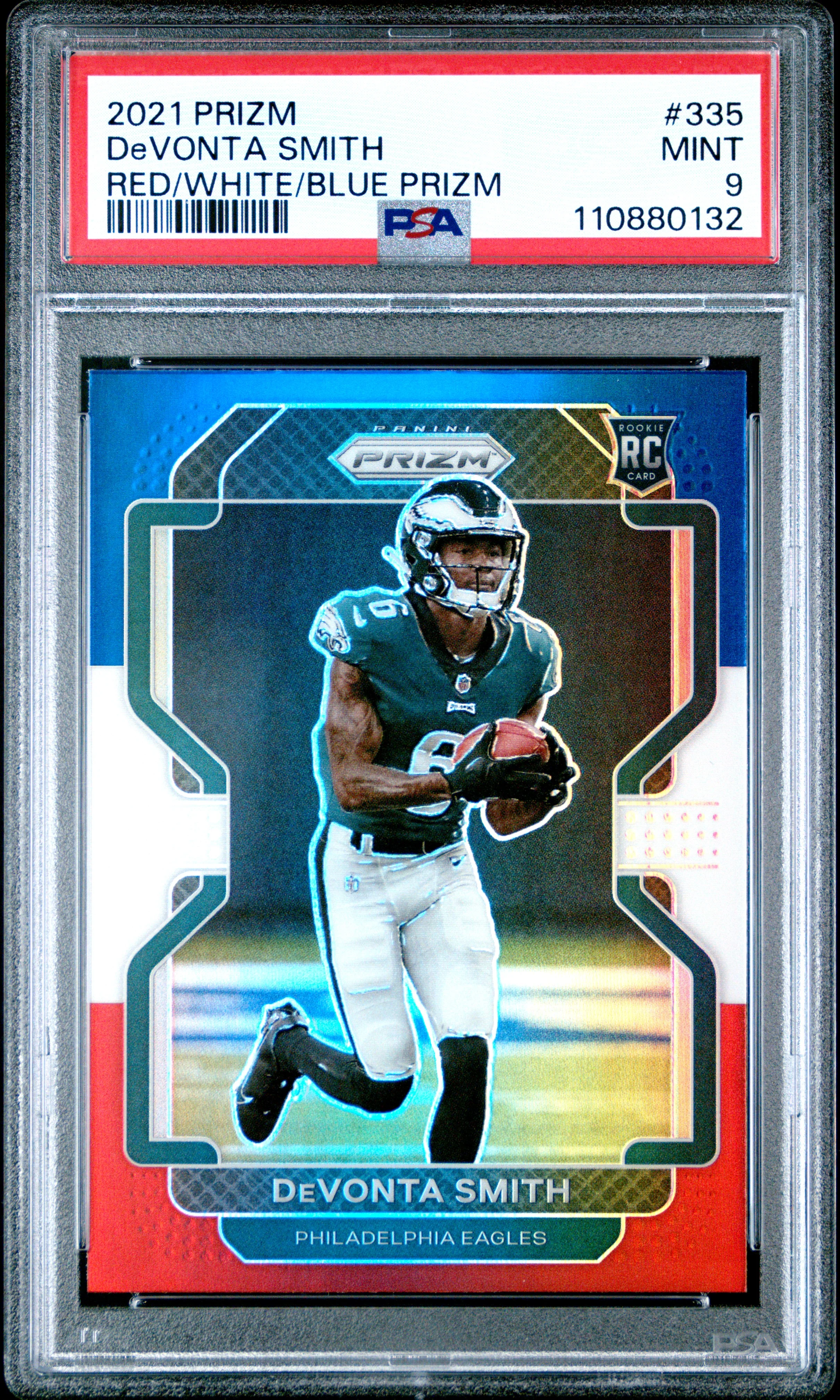DeVONTA SMITH | 2021 PANINI PRIZM 335 | RED/WHITE/BLUE PRIZM | PSA MINT 9