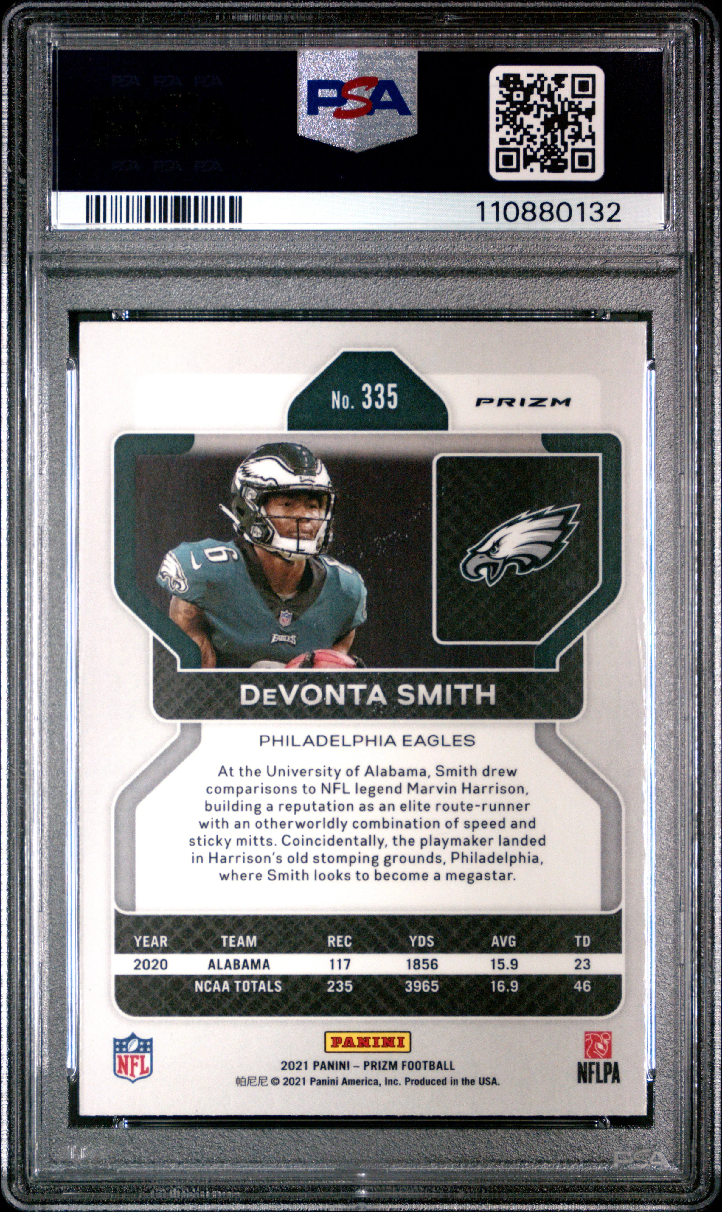 DeVONTA SMITH | 2021 PANINI PRIZM 335 | RED/WHITE/BLUE PRIZM | PSA MINT 9 - Image 2