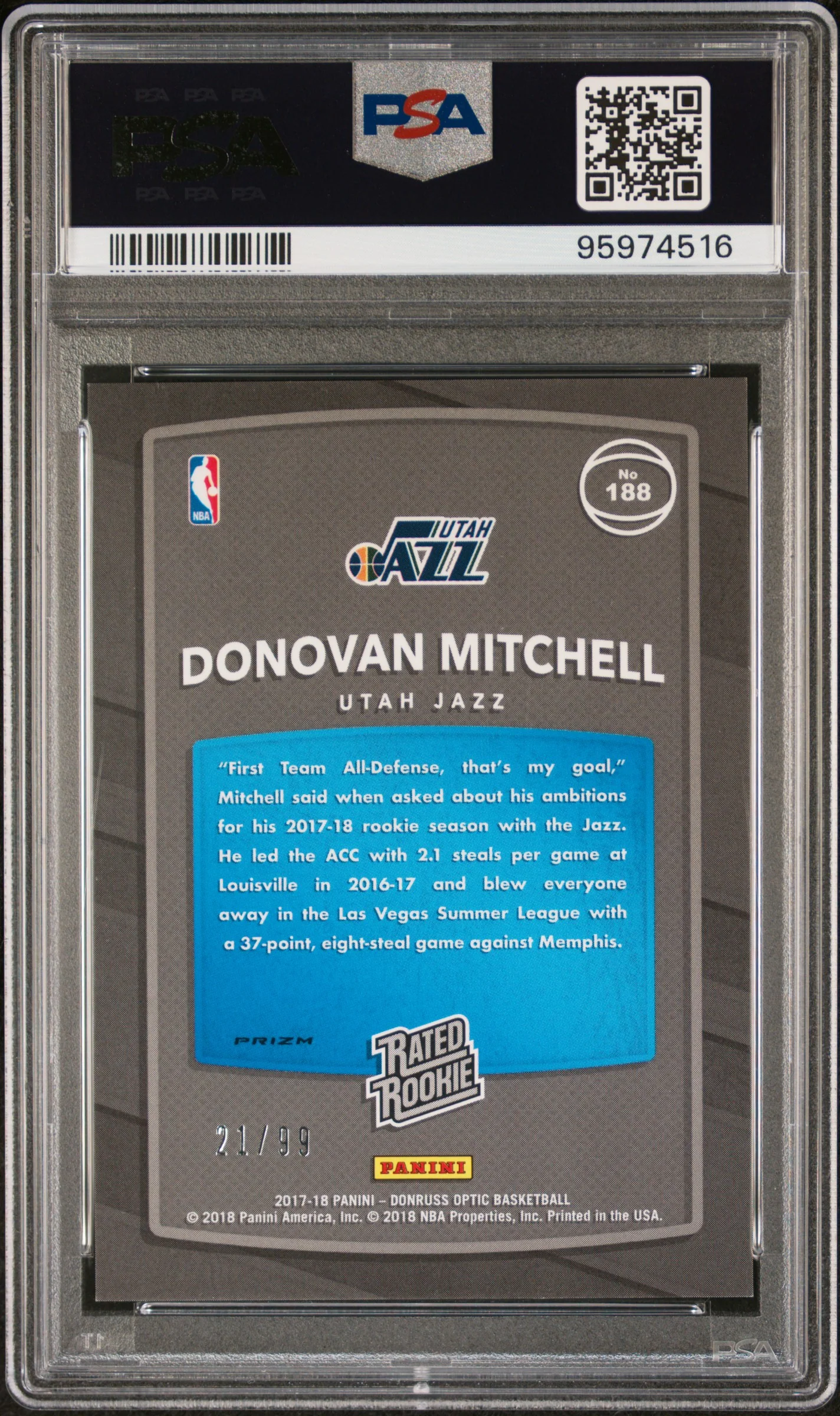 DONOVAN MITCHELL | 2017 PANINI DONRUSS OPTIC 188 | RED | PSA GEM MT 10 - Image 2