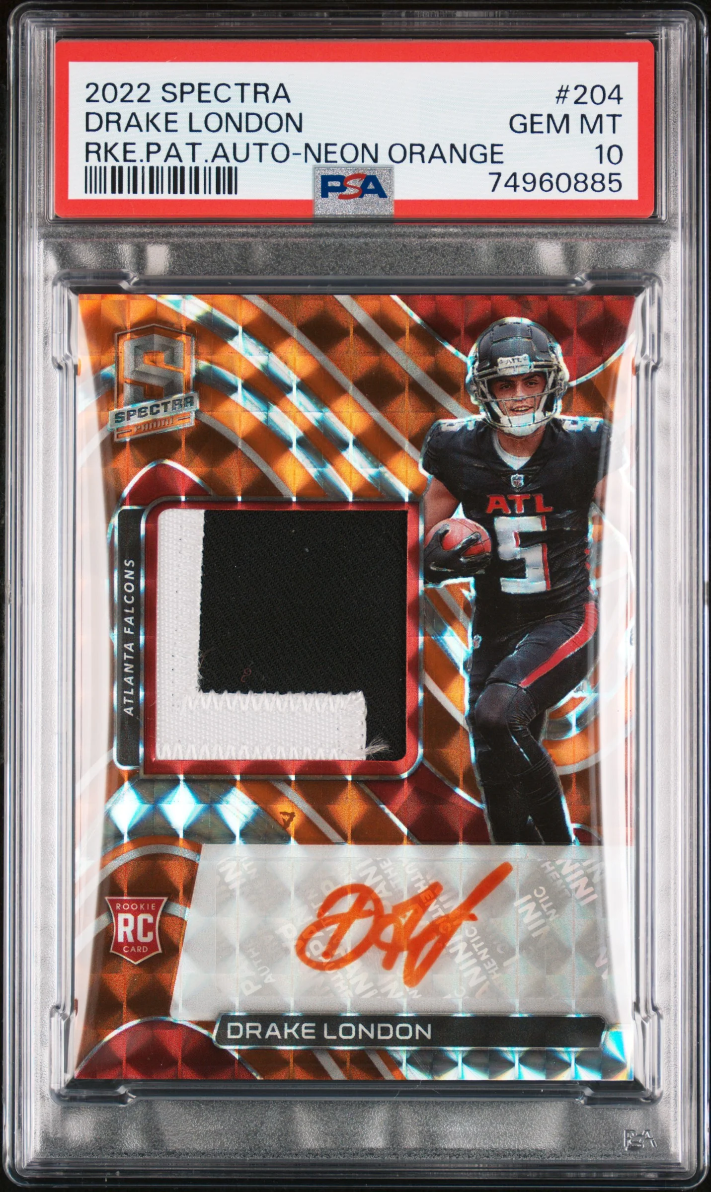 DRAKE LONDON | 2022 PANINI SPECTRA 204 | RKE.PAT.AUTO-NEON ORANGE | PSA GEM MT 10