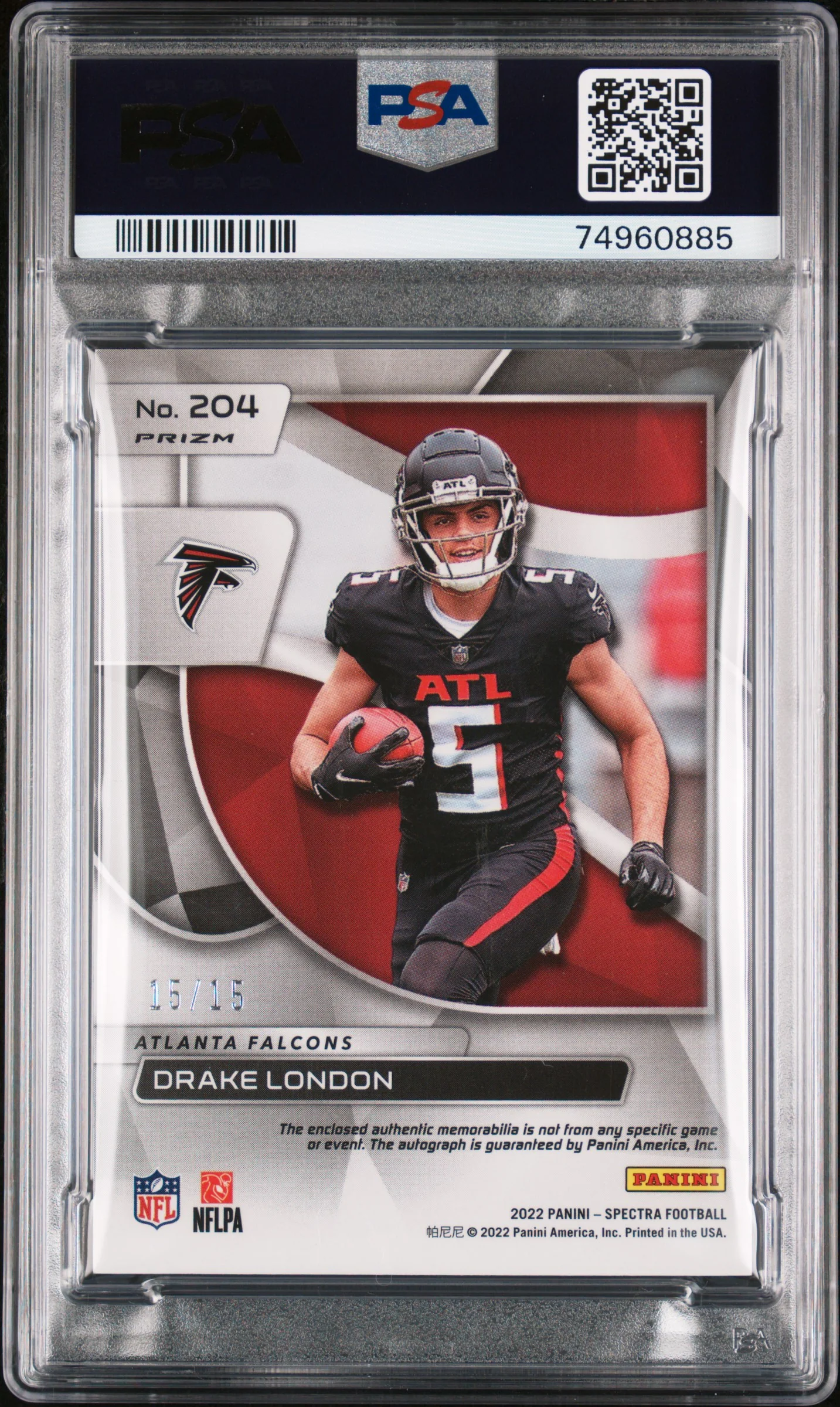 DRAKE LONDON | 2022 PANINI SPECTRA 204 | RKE.PAT.AUTO-NEON ORANGE | PSA GEM MT 10 - Image 2