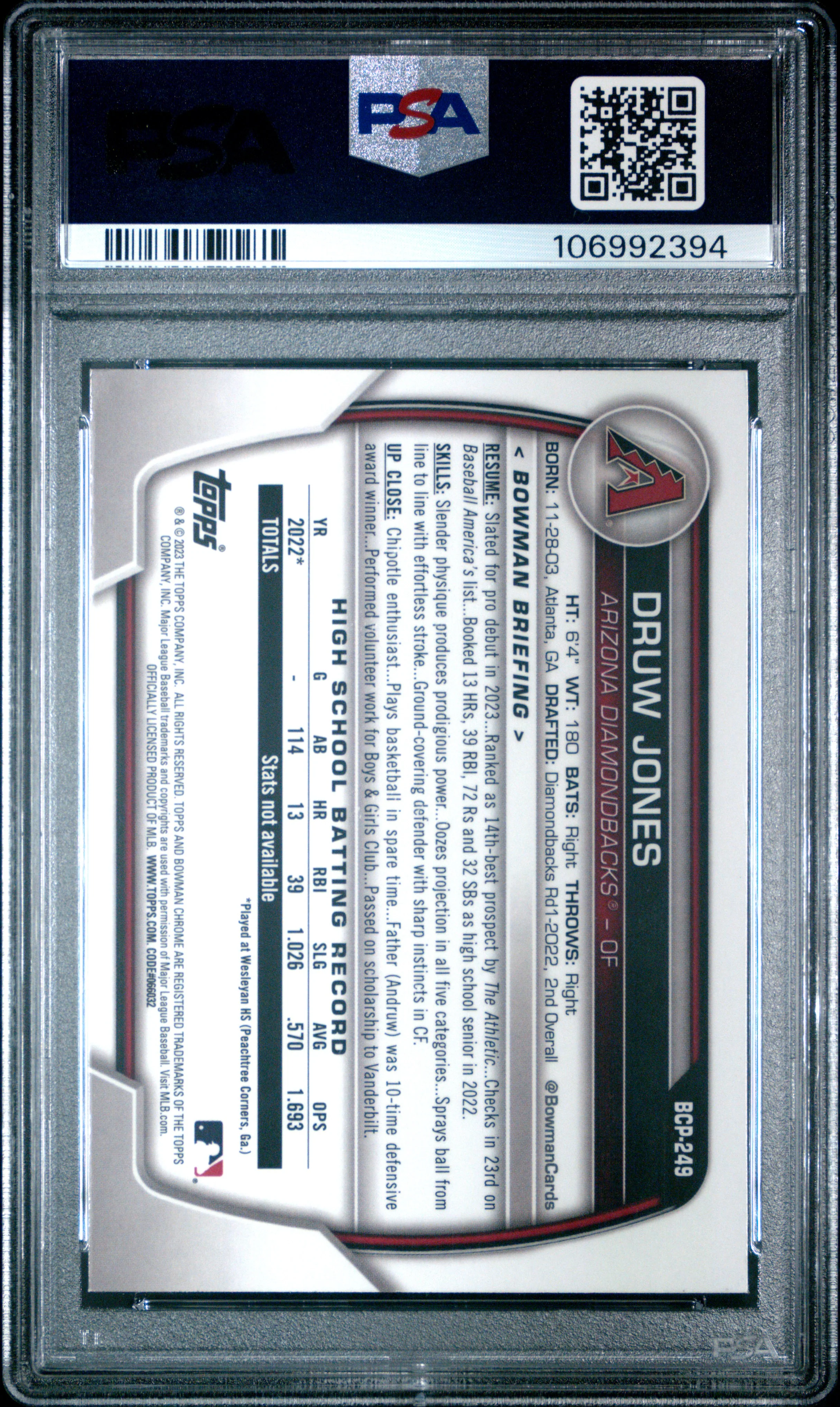 DRUW JONES | 2023 BOWMAN MEGA BOX CHROME 249 | PSA GEM MT 10 - Image 2