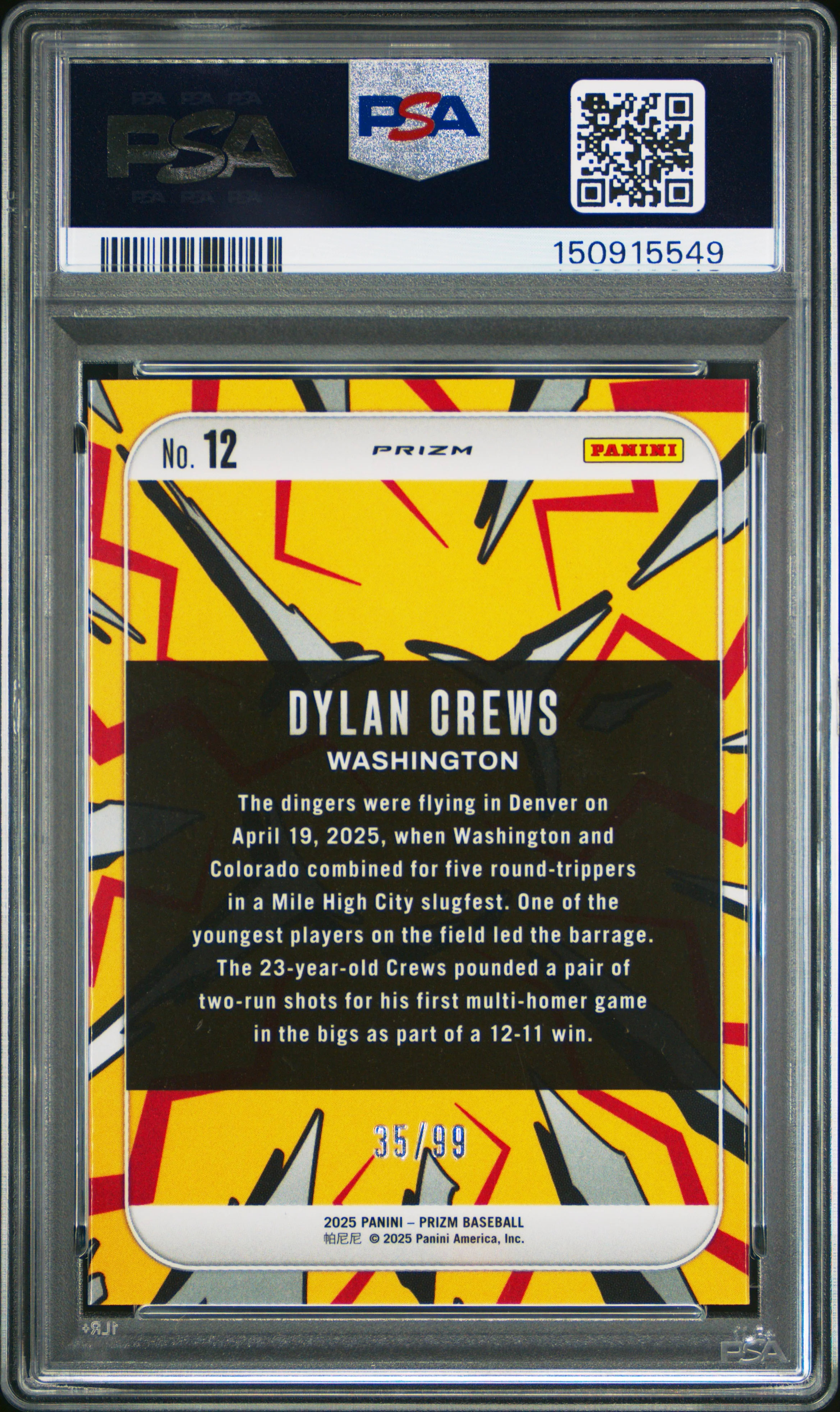 DYLAN CREWS | 2025 PANINI PRIZM DINGERS! 12 | DINGERS!-BLUE PRIZM | PSA GEM MT 10 - Image 2
