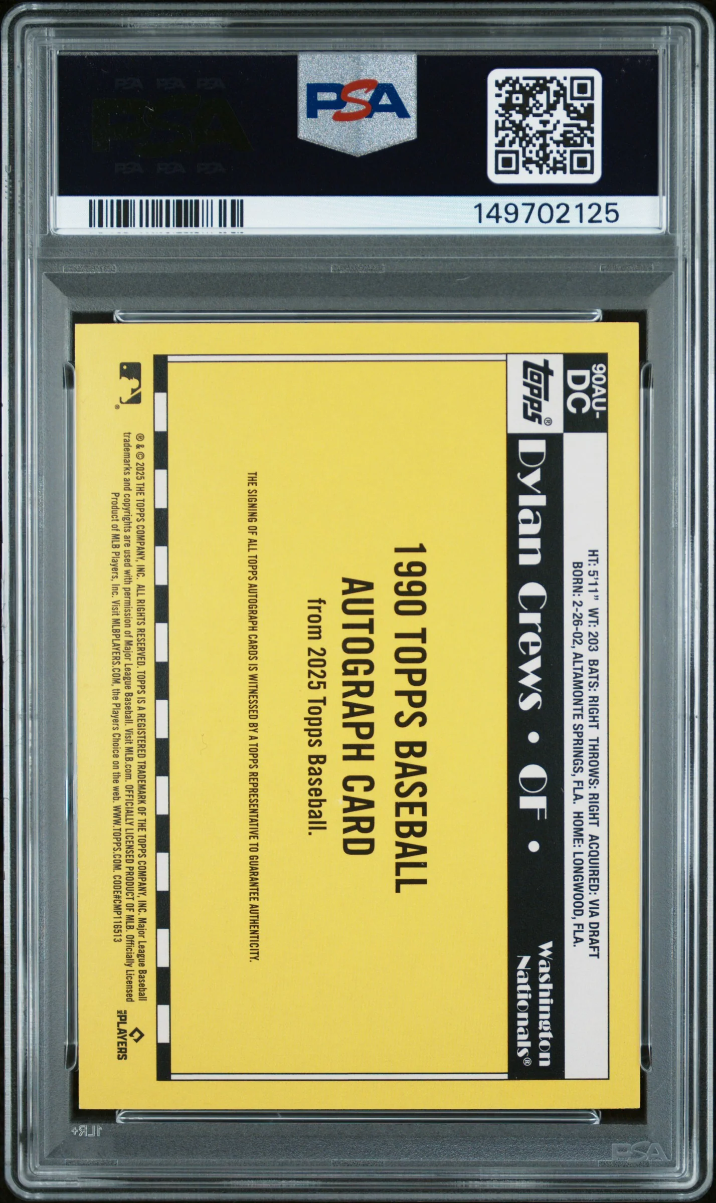 DYLAN CREWS | 2025 TOPPS UPDATE 1990 TOPPS BASEBALL AUTOGRAPHS DC | 1990 TOPPS AUTO-GREEN | PSA NM 7 - Image 2