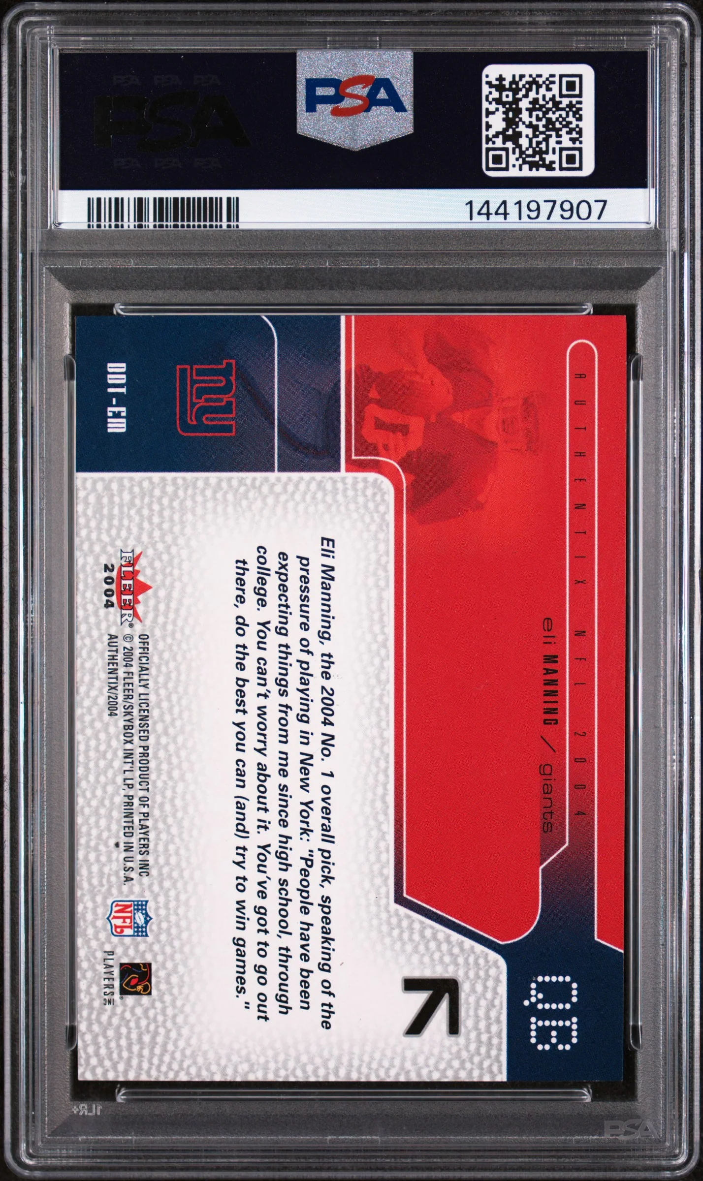 ELI MANNING | 2004 FLEER AUTHENTIX DRAFT DAY TICKET DDTEM | DRAFT DAY TICKET | PSA MINT 9 - Image 2