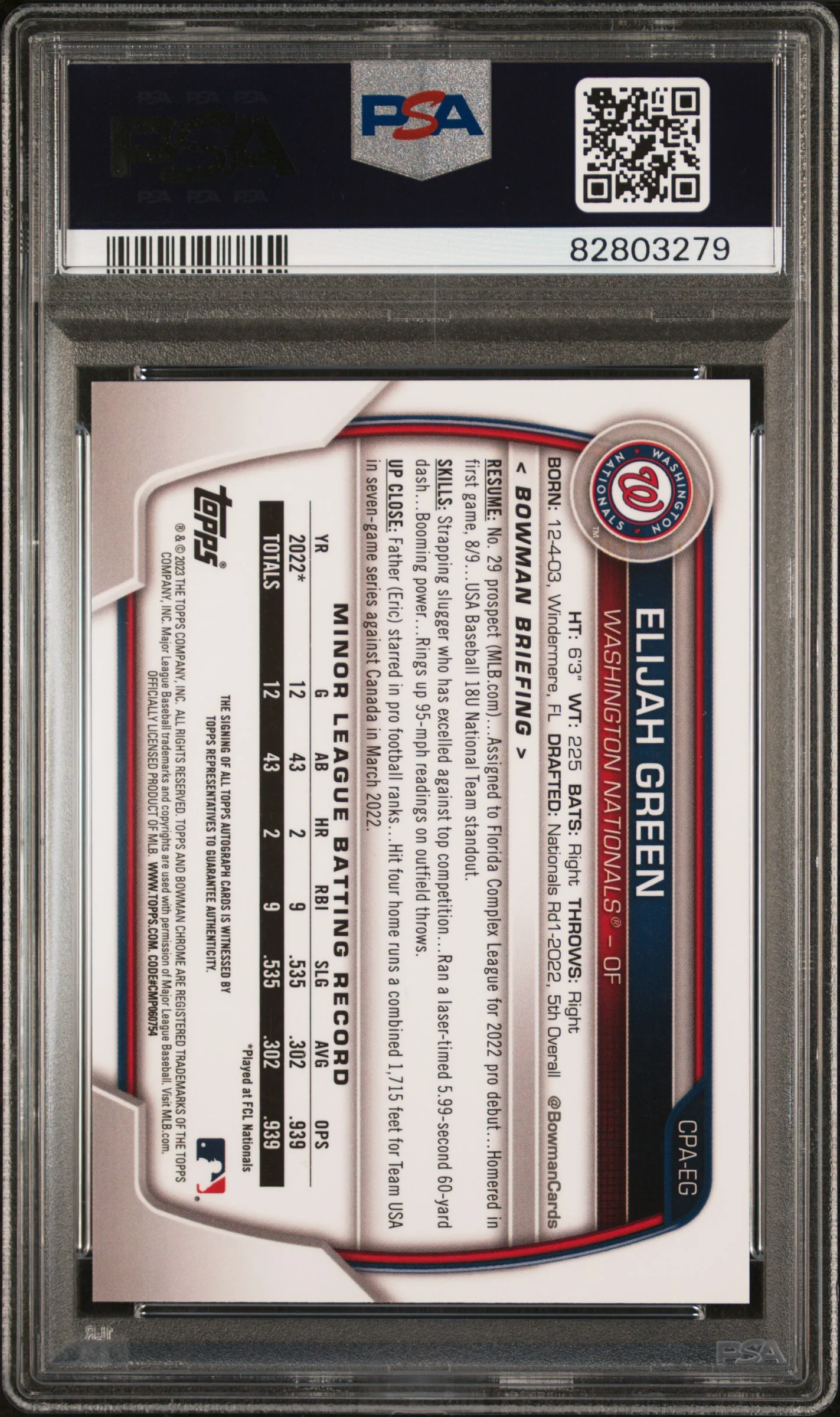 ELIJAH GREEN | 2023 BOWMAN CHROME PROSPECT AUTOGRAPHS CPAEG | CHR PROSPECT AUTO-BLUE REF | PSA MINT 9 - Image 2
