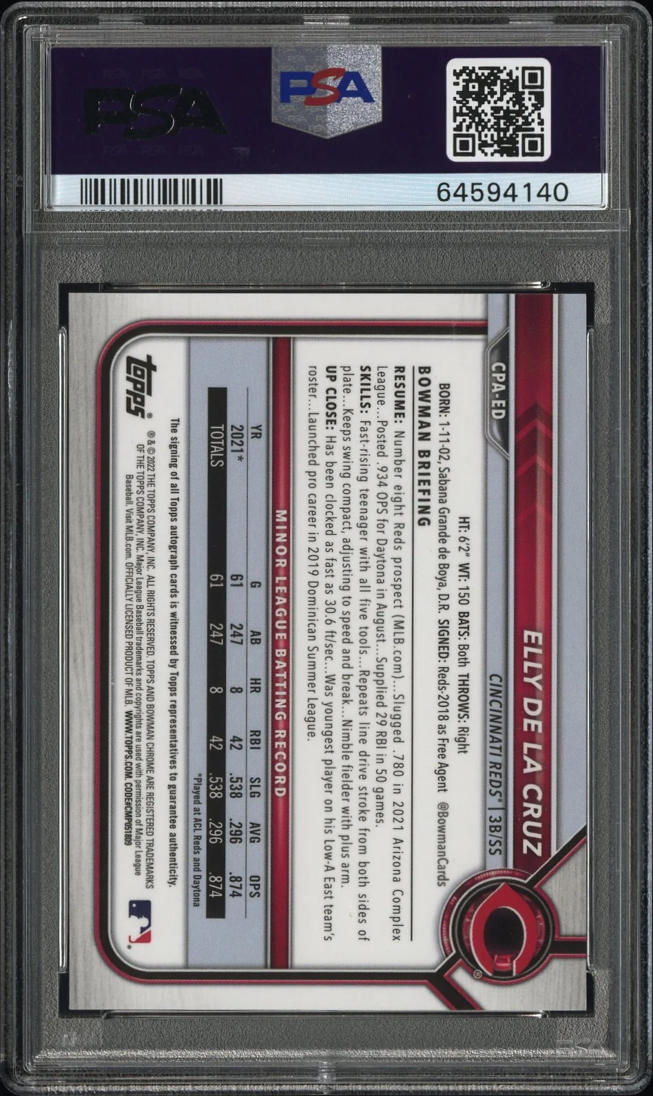 ELLY DE LA CRUZ | 2022 BOWMAN CHROME PROSPECT AUTOGRAPHS CPAED | CHR.PROS.AUTO-GOLD REF. | PSA GEM MT 10 - Image 2