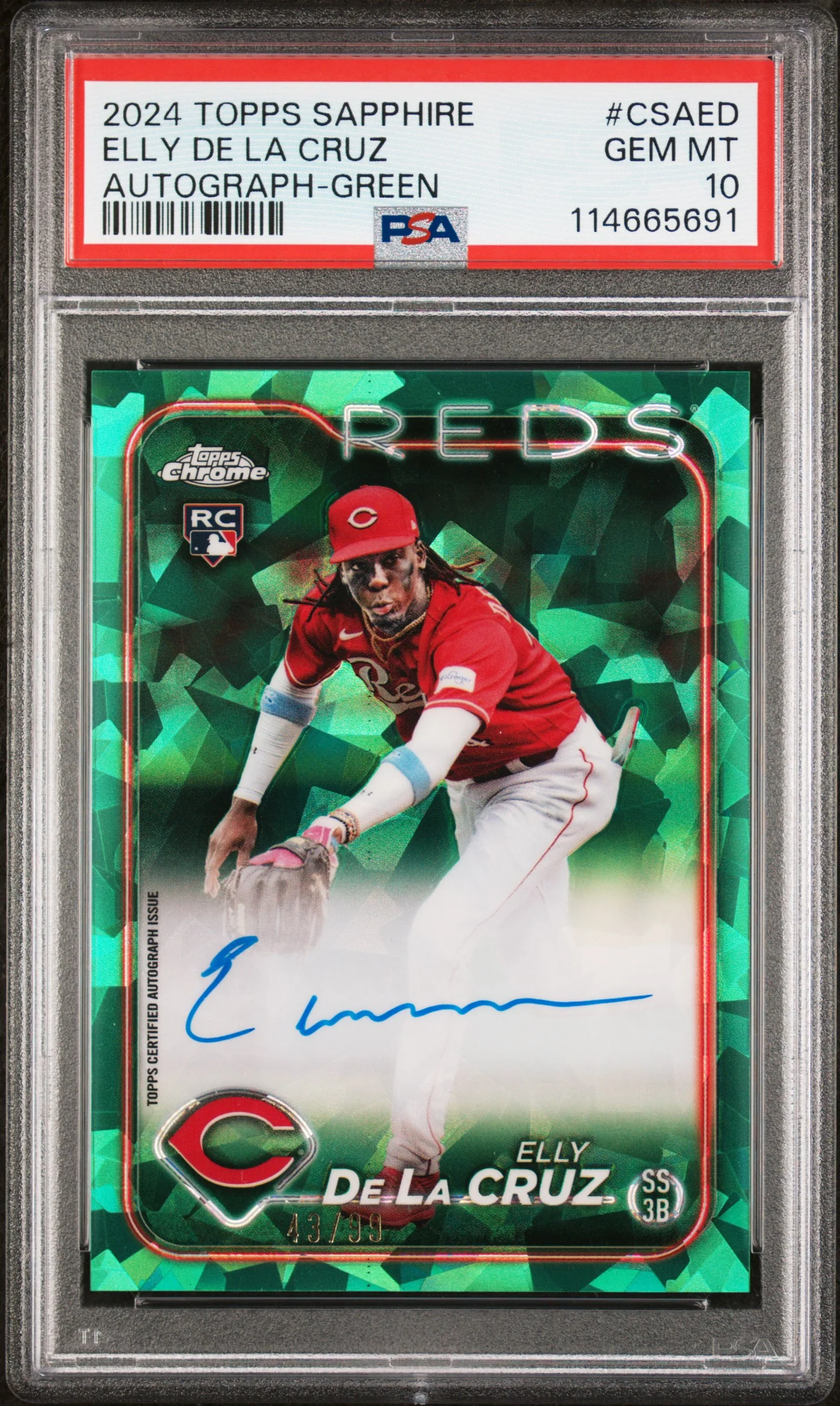 ELLY DE LA CRUZ | 2024 TOPPS CHROME SAPPHIRE CHROME SAPPHIRE AUTOGRAPHS CSAED | AUTOGRAPH-GREEN | PSA GEM MT 10
