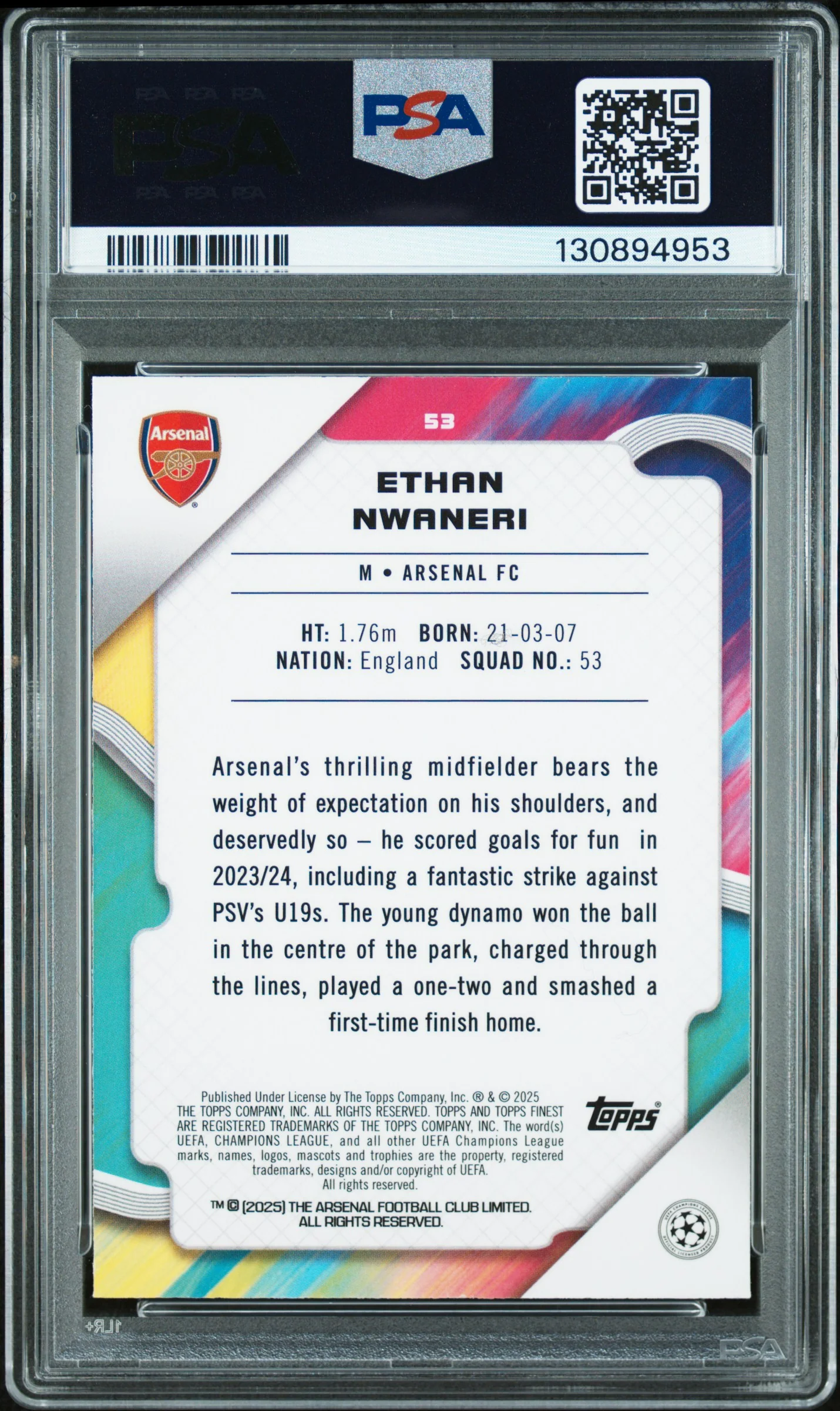 ETHAN NWANERI | 2024-25 TOPPS FINEST UEFA CLUB COMPETITIONS 53 | BLUE RAYWAVE | PSA GEM MT 10 - Image 2