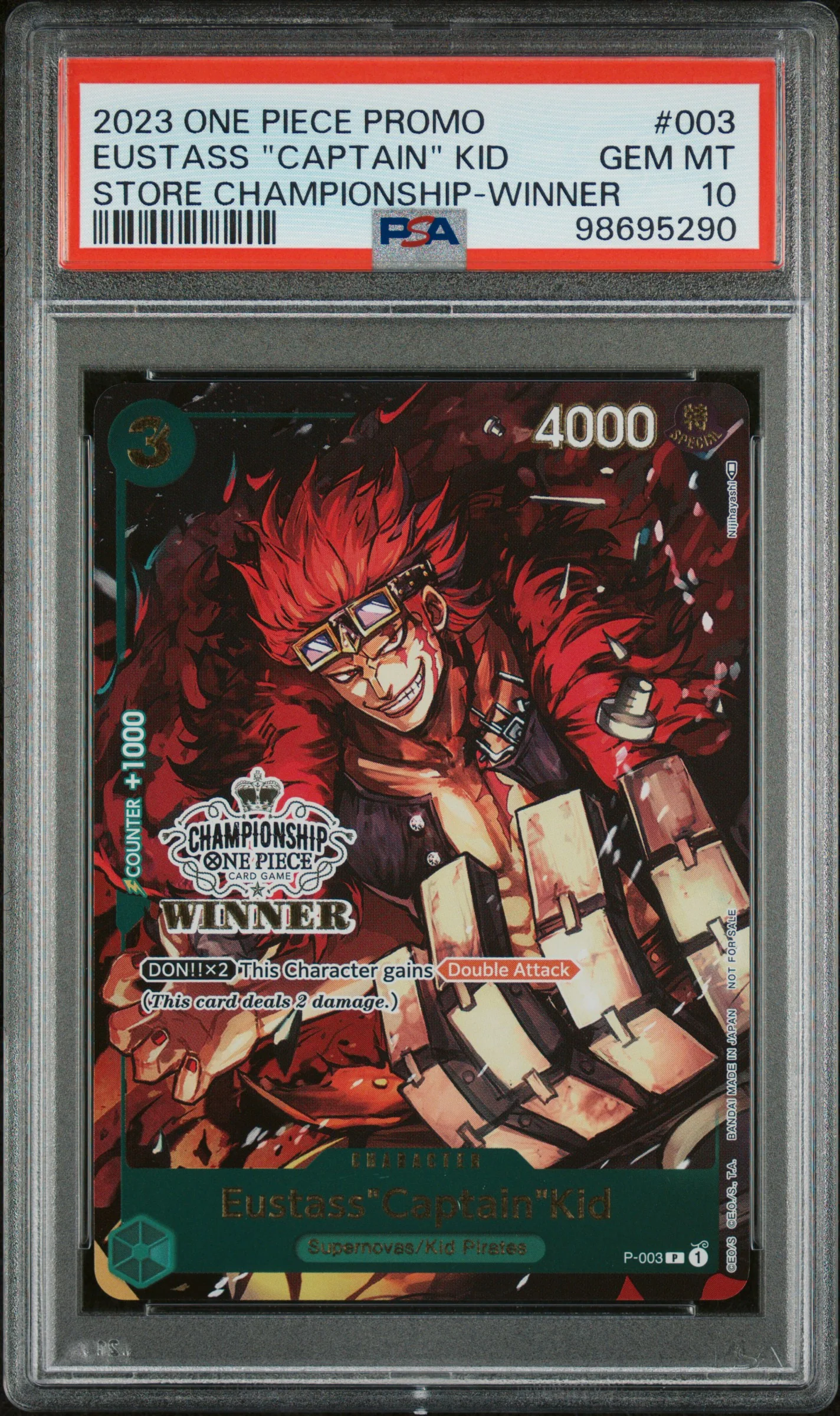 EUSTASS "CAPTAIN" KID | 2023 ONE PIECE PROMOS 003 | STORE CHAMPIONSHIP-WINNER | PSA GEM MT 10