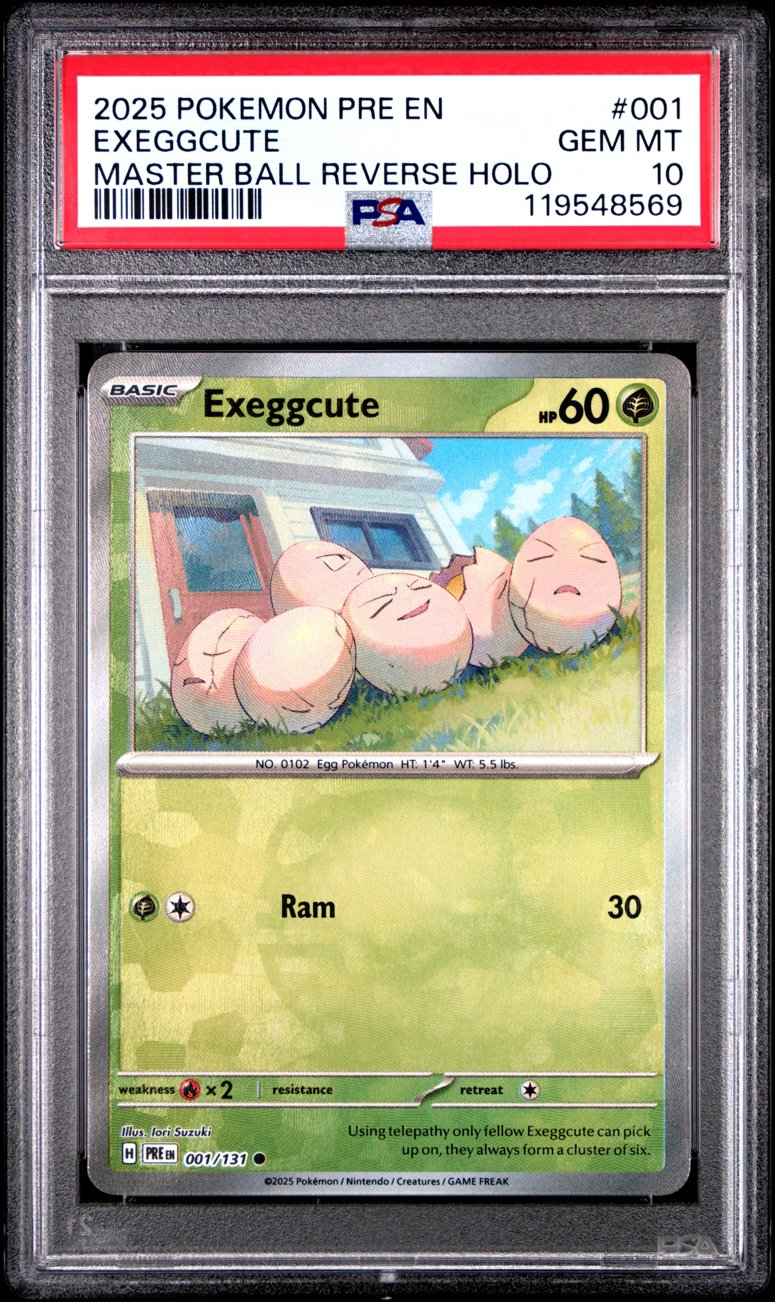 EXEGGCUTE | 2025 POKEMON PRE EN-PRISMATIC EVOLUTIONS 001 | MASTER BALL REVERSE HOLO | PSA GEM MT 10