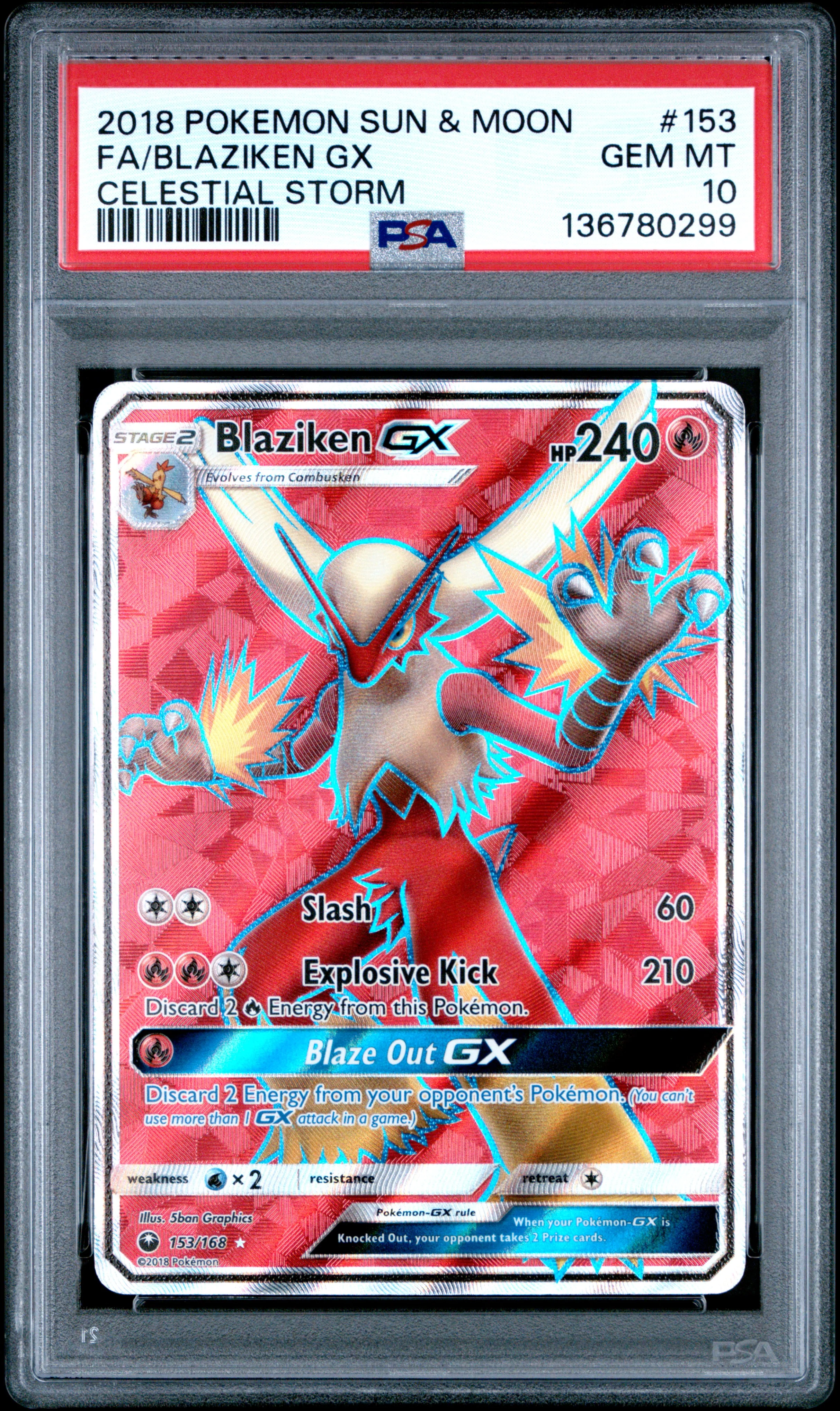 FA/BLAZIKEN GX | 2018 POKEMON SUN & MOON CELESTIAL STORM 153 | CELESTIAL STORM | PSA GEM MT 10