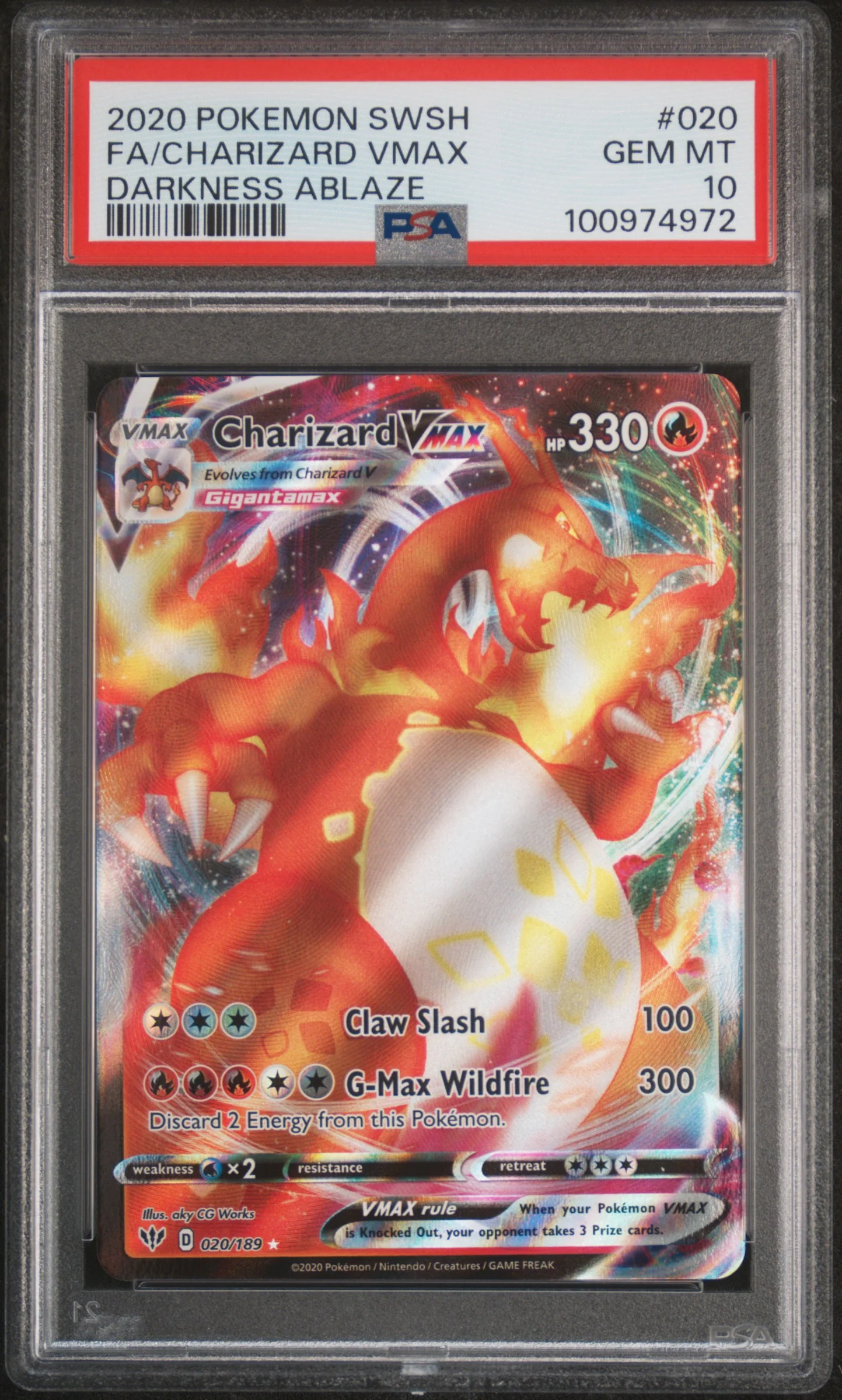 FA/CHARIZARD VMAX | 2020 POKEMON SWORD & SHIELD DARKNESS ABLAZE 020 | DARKNESS ABLAZE | PSA GEM MT 10