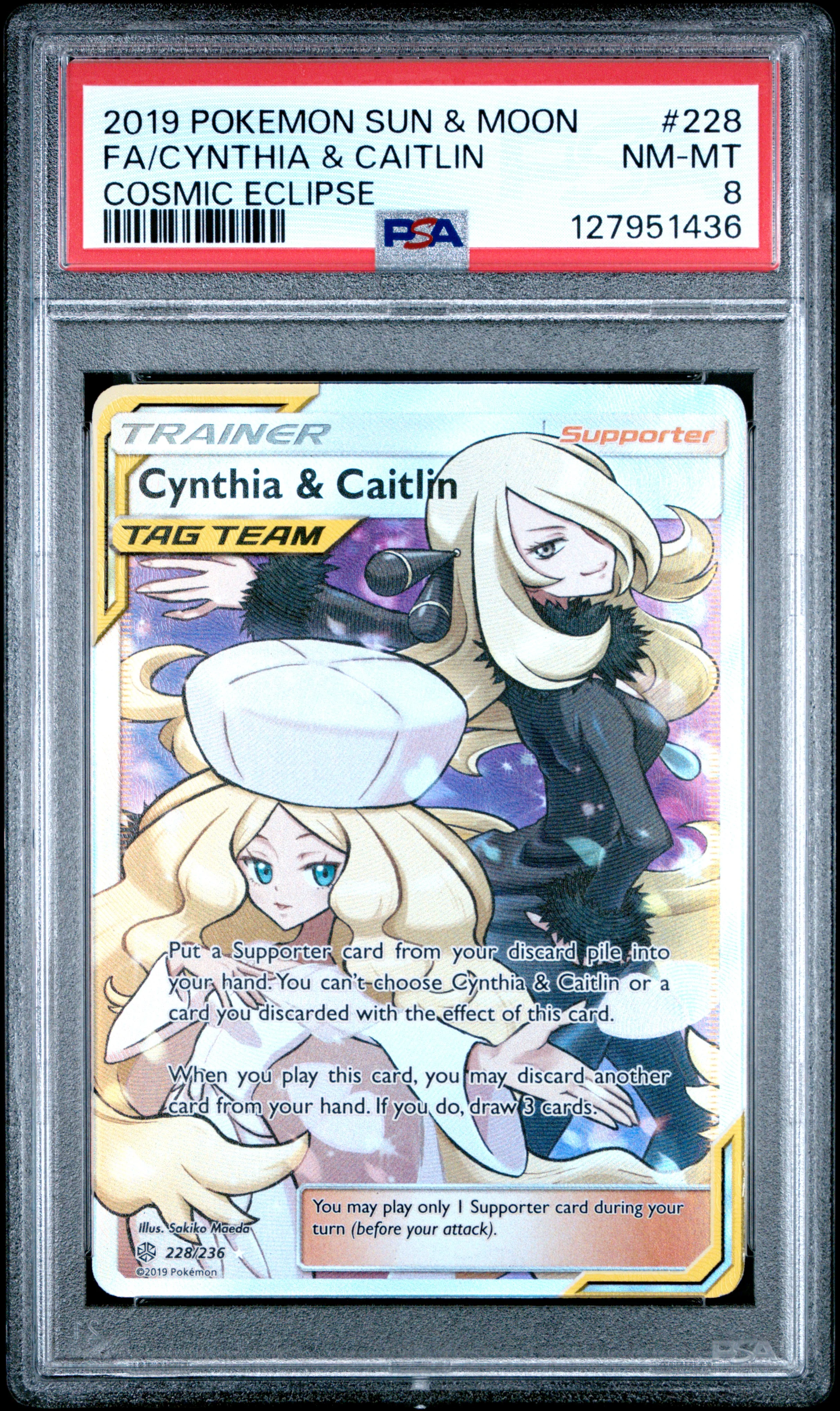 FA/CYNTHIA & CAITLIN | 2019 POKEMON SUN & MOON COSMIC ECLIPSE 228 | COSMIC ECLIPSE | PSA NM-MT 8