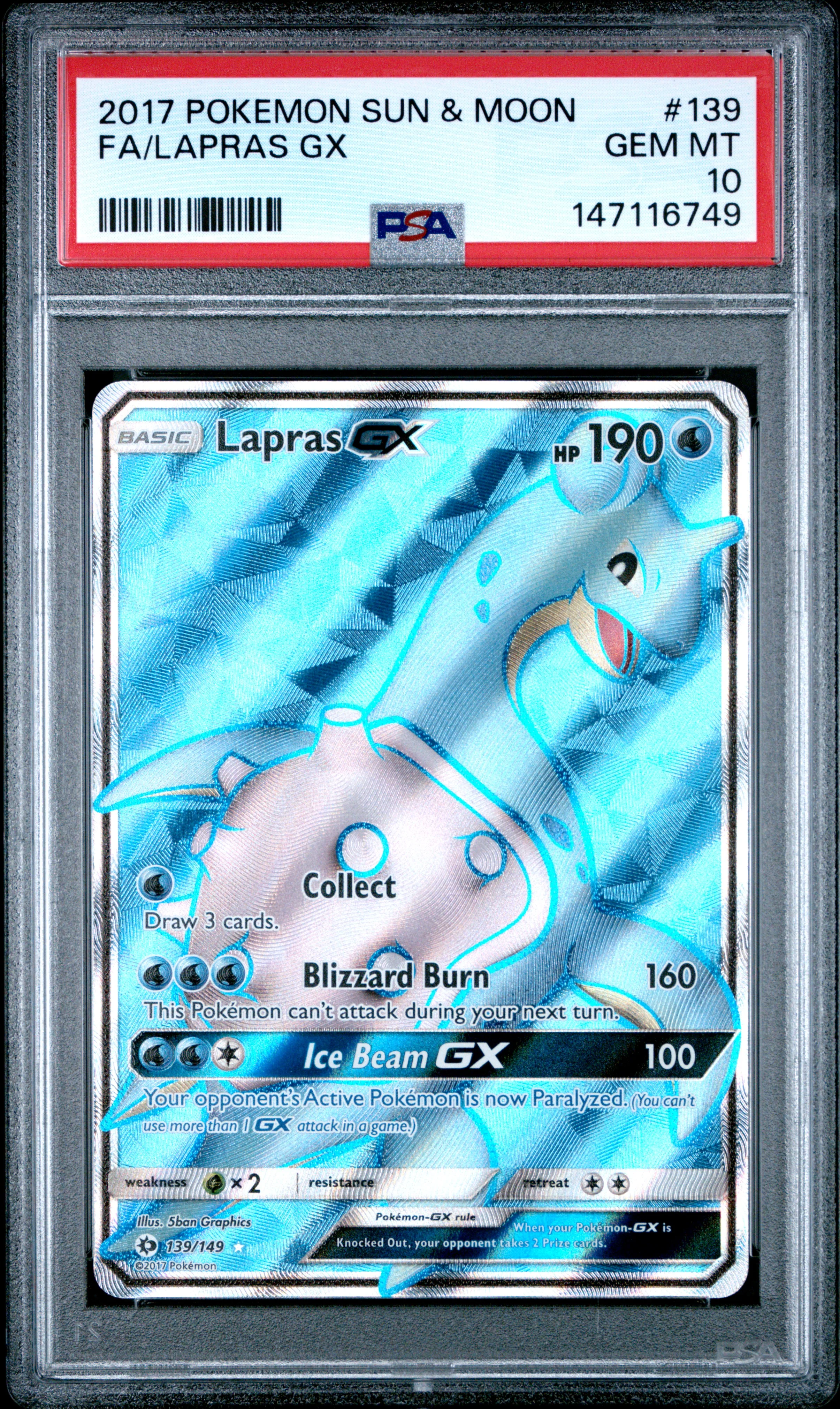 FA/LAPRAS GX | 2017 POKEMON SUN & MOON 139 | PSA GEM MT 10
