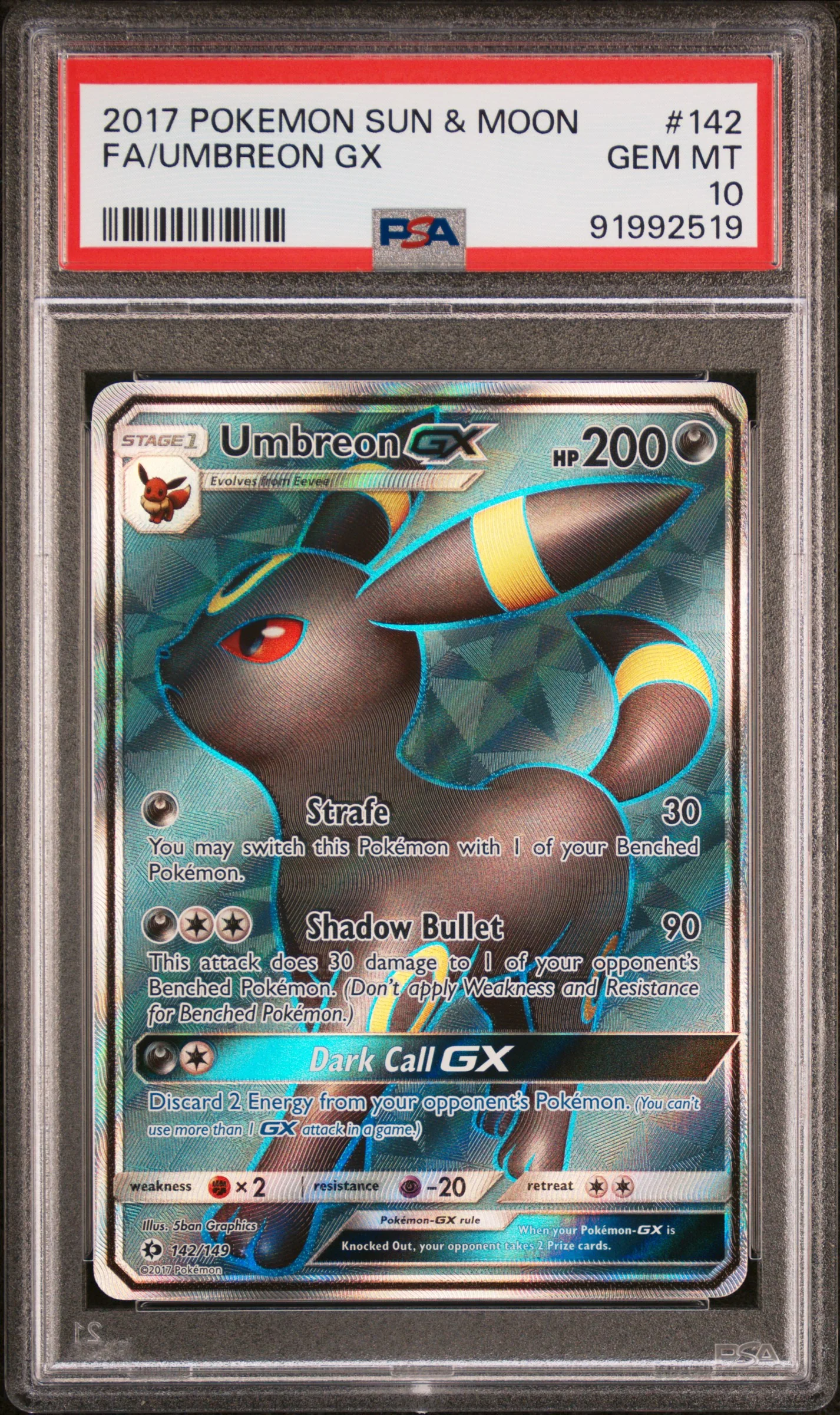 FA/UMBREON GX | 2017 POKEMON SUN & MOON 142 | PSA GEM MT 10