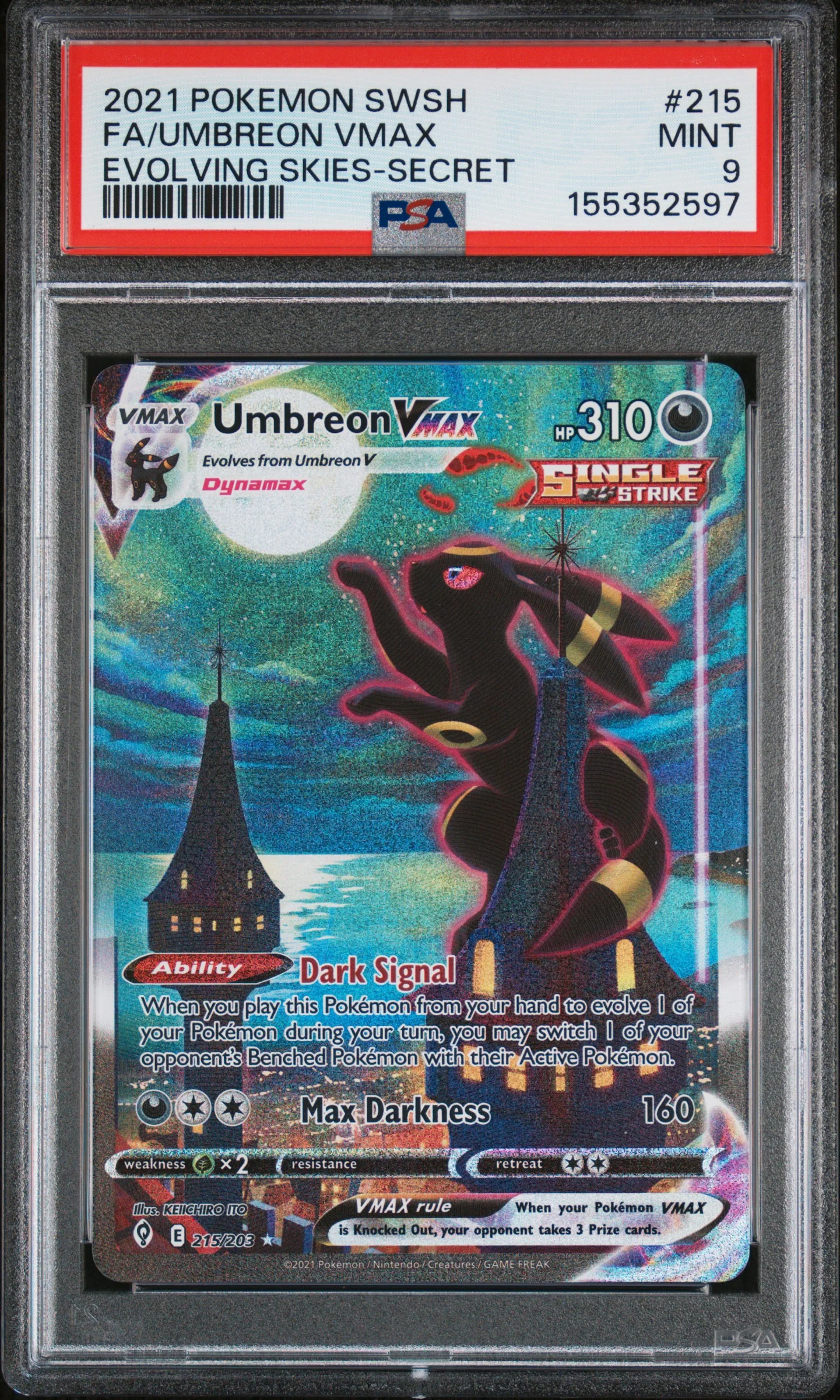 FA/UMBREON VMAX | 2021 POKEMON SWORD & SHIELD EVOLVING SKIES 215 | EVOLVING SKIES-SECRET | PSA MINT 9