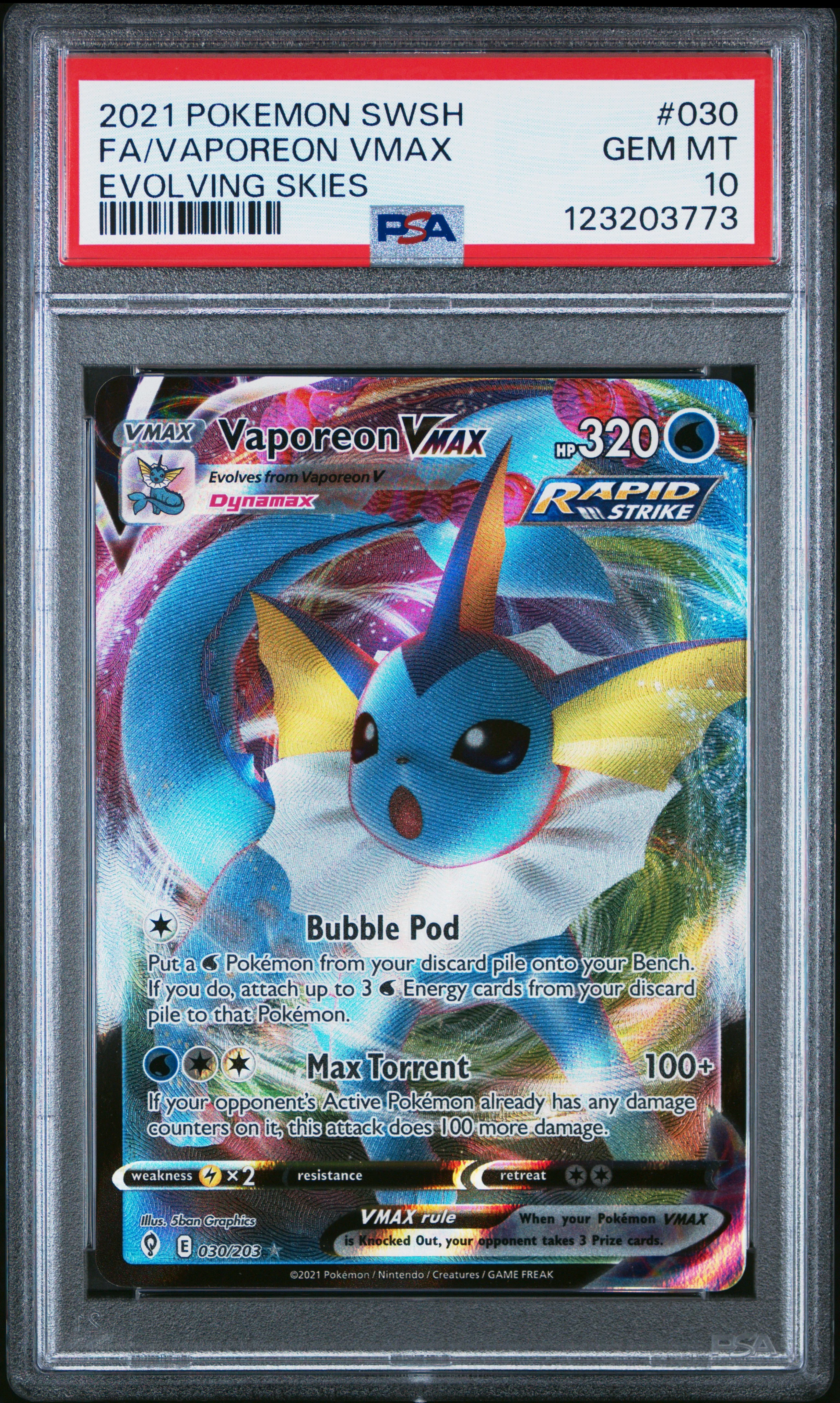 FA/VAPOREON VMAX | 2021 POKEMON SWORD & SHIELD EVOLVING SKIES 030 | EVOLVING SKIES | PSA GEM MT 10