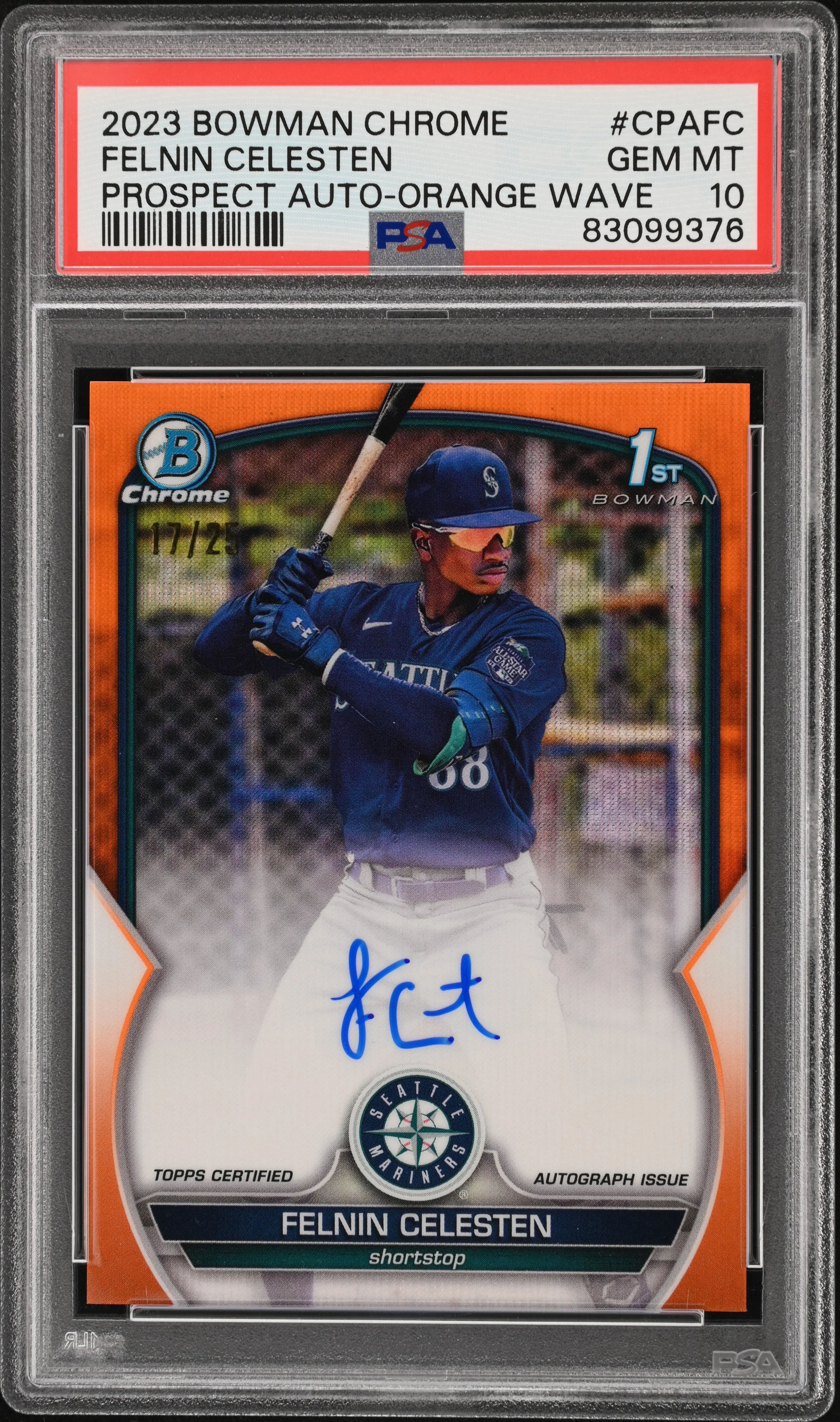 FELNIN CELESTEN | 2023 BOWMAN CHROME PROSPECT AUTOGRAPHS CPAFC | PROSPECT AUTO-ORANGE WAVE | PSA GEM MT 10