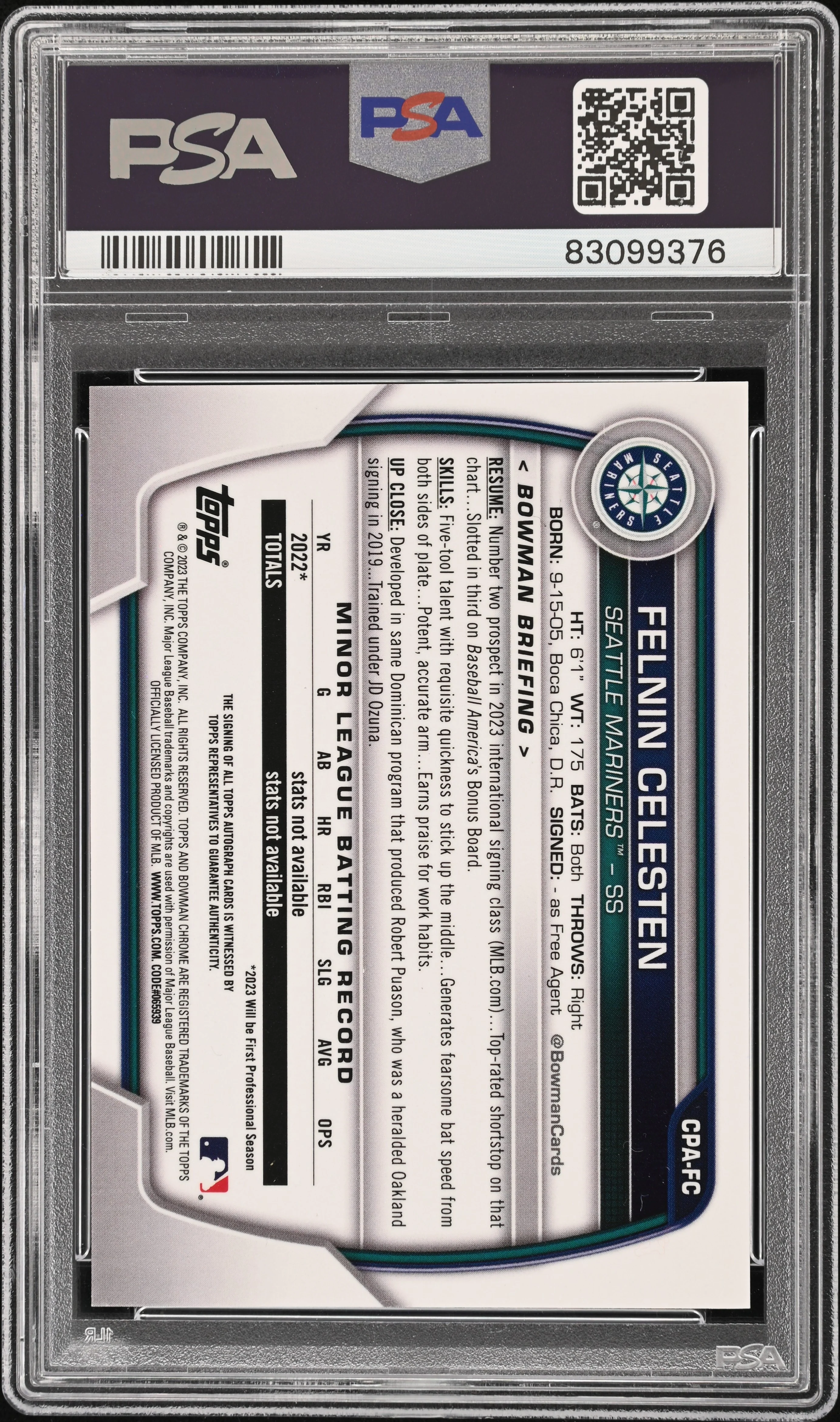 FELNIN CELESTEN | 2023 BOWMAN CHROME PROSPECT AUTOGRAPHS CPAFC | PROSPECT AUTO-ORANGE WAVE | PSA GEM MT 10 - Image 2