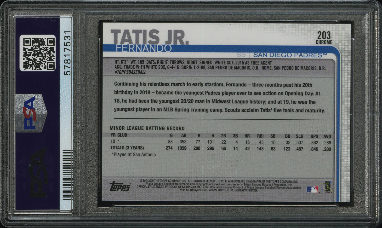 FERNANDO TATIS JR. | 2019 TOPPS CHROME 203 | PSA GEM MT 10 - Image 2