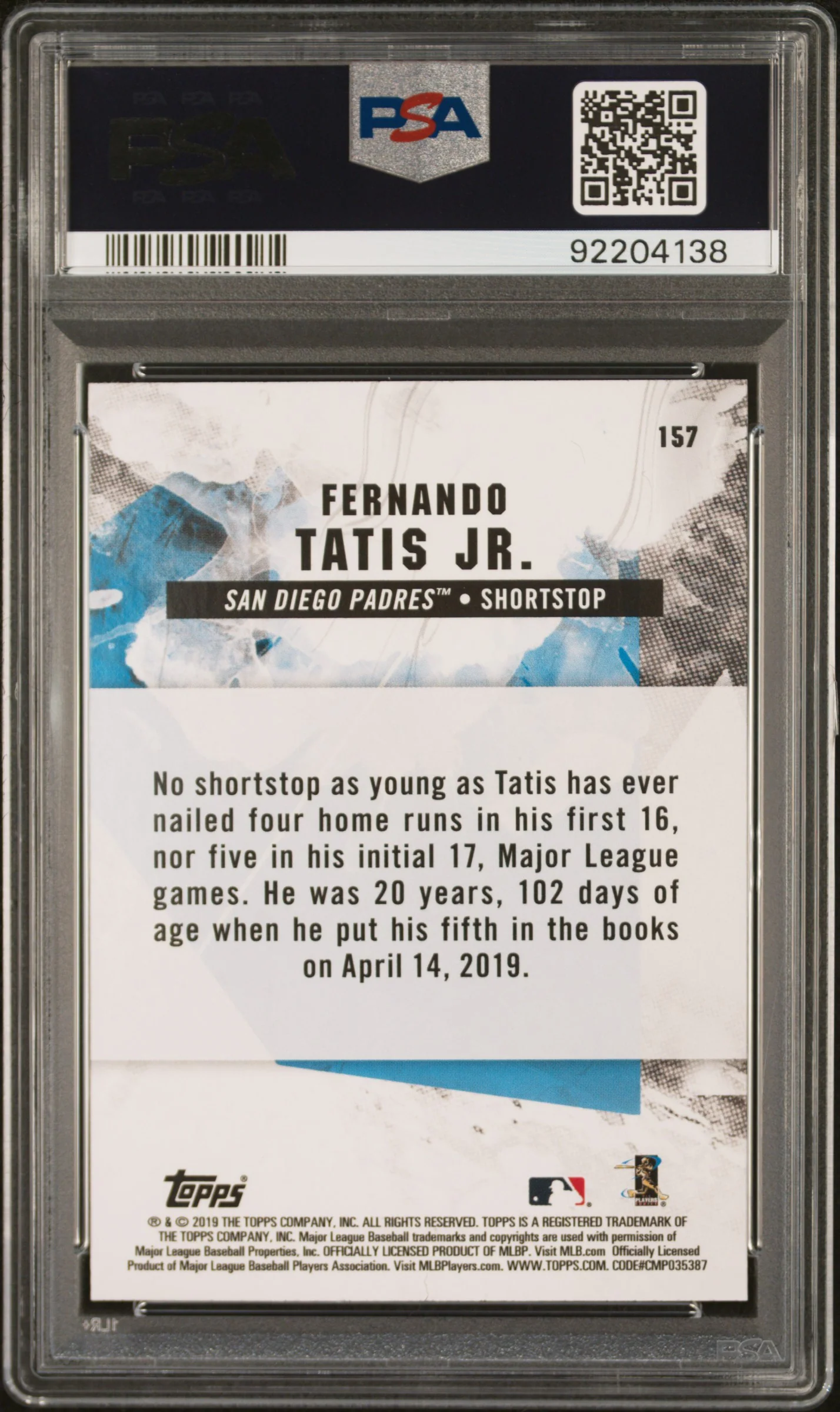 FERNANDO TATIS JR. | 2019 TOPPS FIRE 157 | FLAME | PSA GEM MT 10 - Image 2