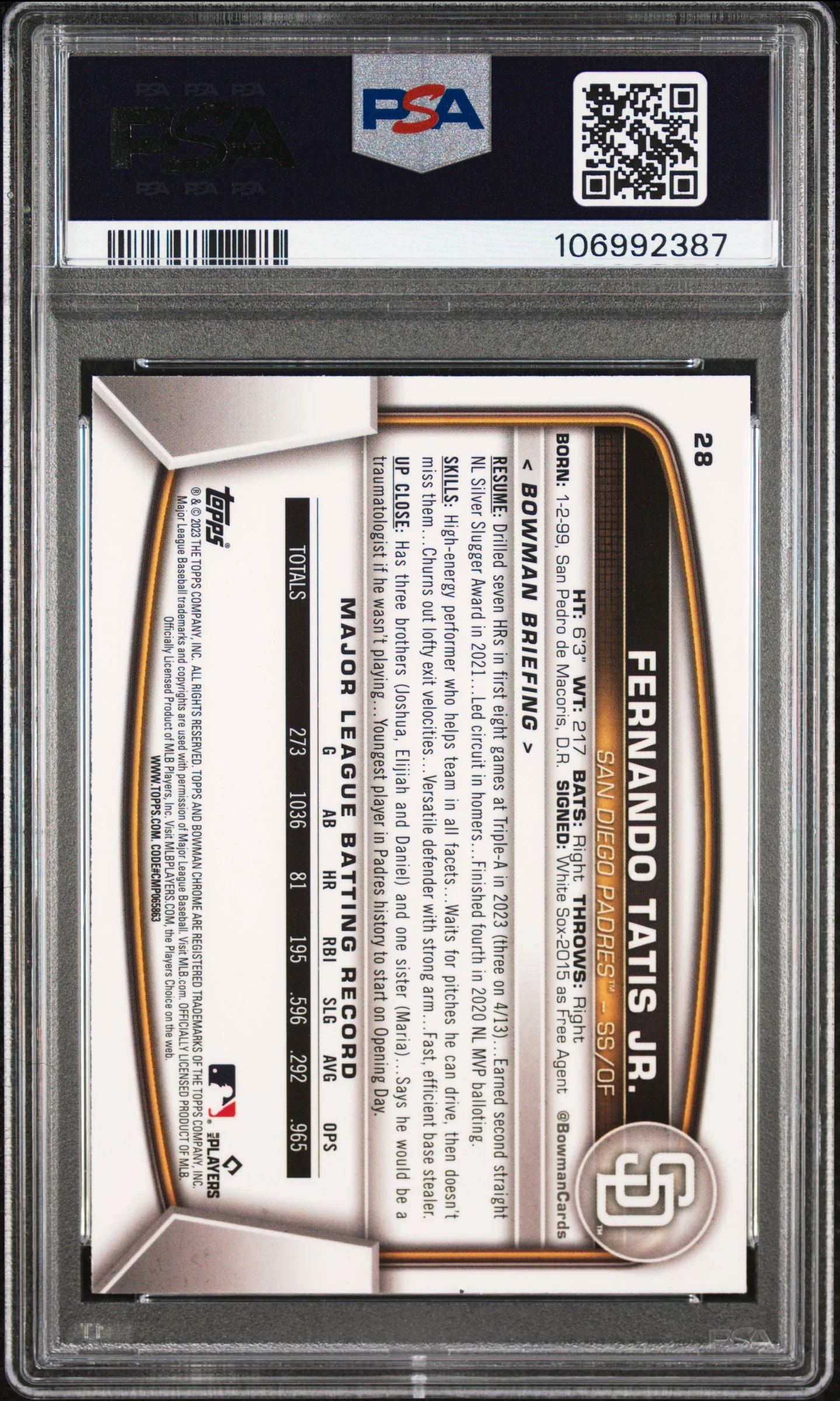 FERNANDO TATIS JR. | 2023 BOWMAN CHROME 28 | PSA EX-MT 6 - Image 2