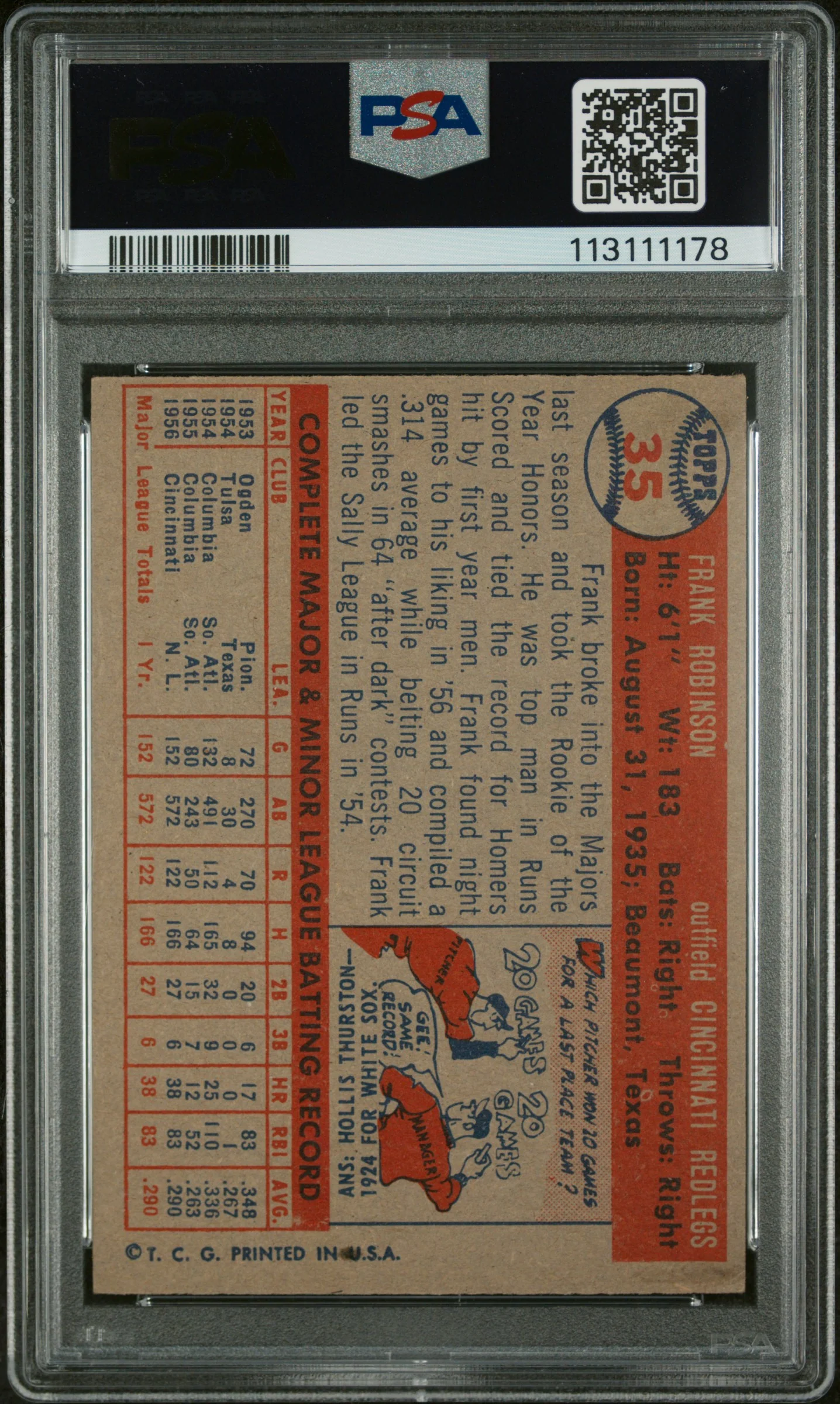FRANK ROBINSON | 1957 TOPPS 35 | PSA EX-MT 6 - Image 2