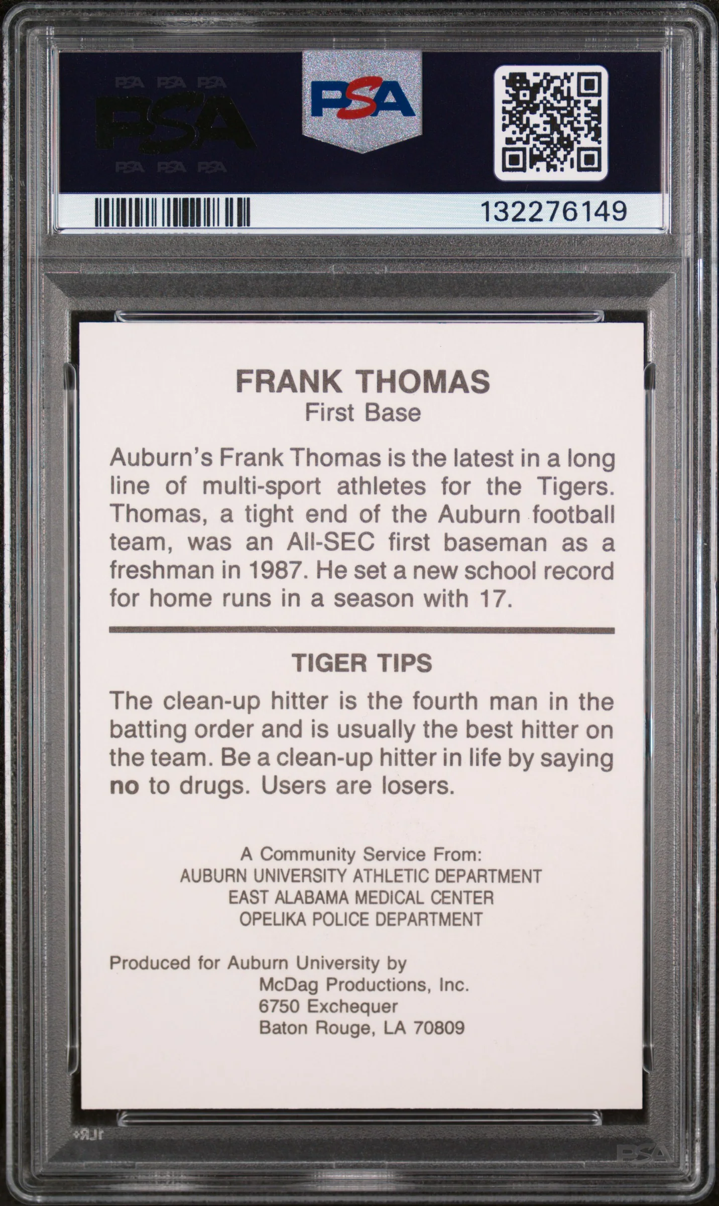 FRANK THOMAS | 1987 AUBURN TIGERS TIGER GREAT | TIGER GREAT | PSA GEM MT 10 - Image 2