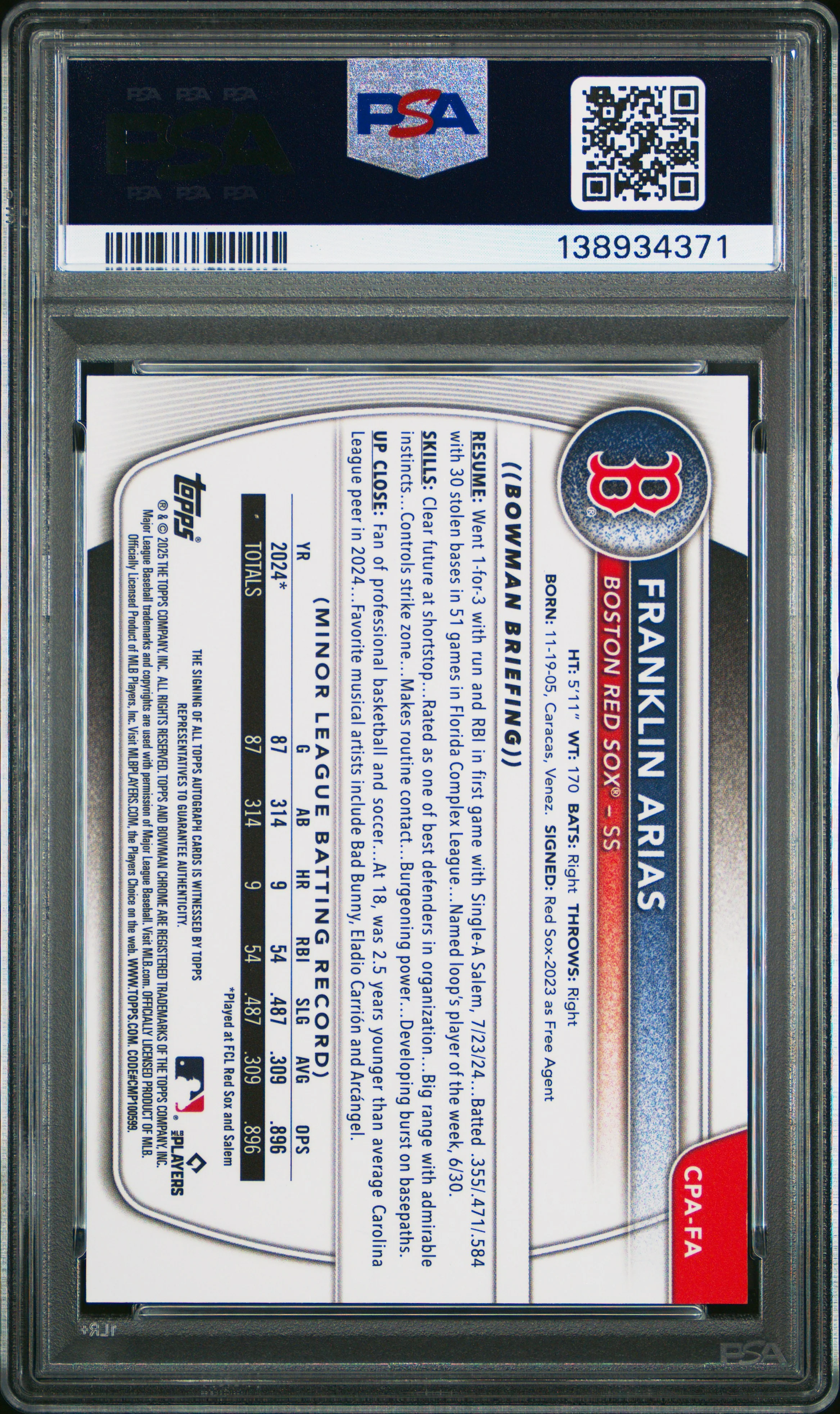 FRANKLIN ARIAS | 2025 BOWMAN CHROME PROSPECT AUTOGRAPHS CPAFA | PSA GEM MT 10 - Image 2