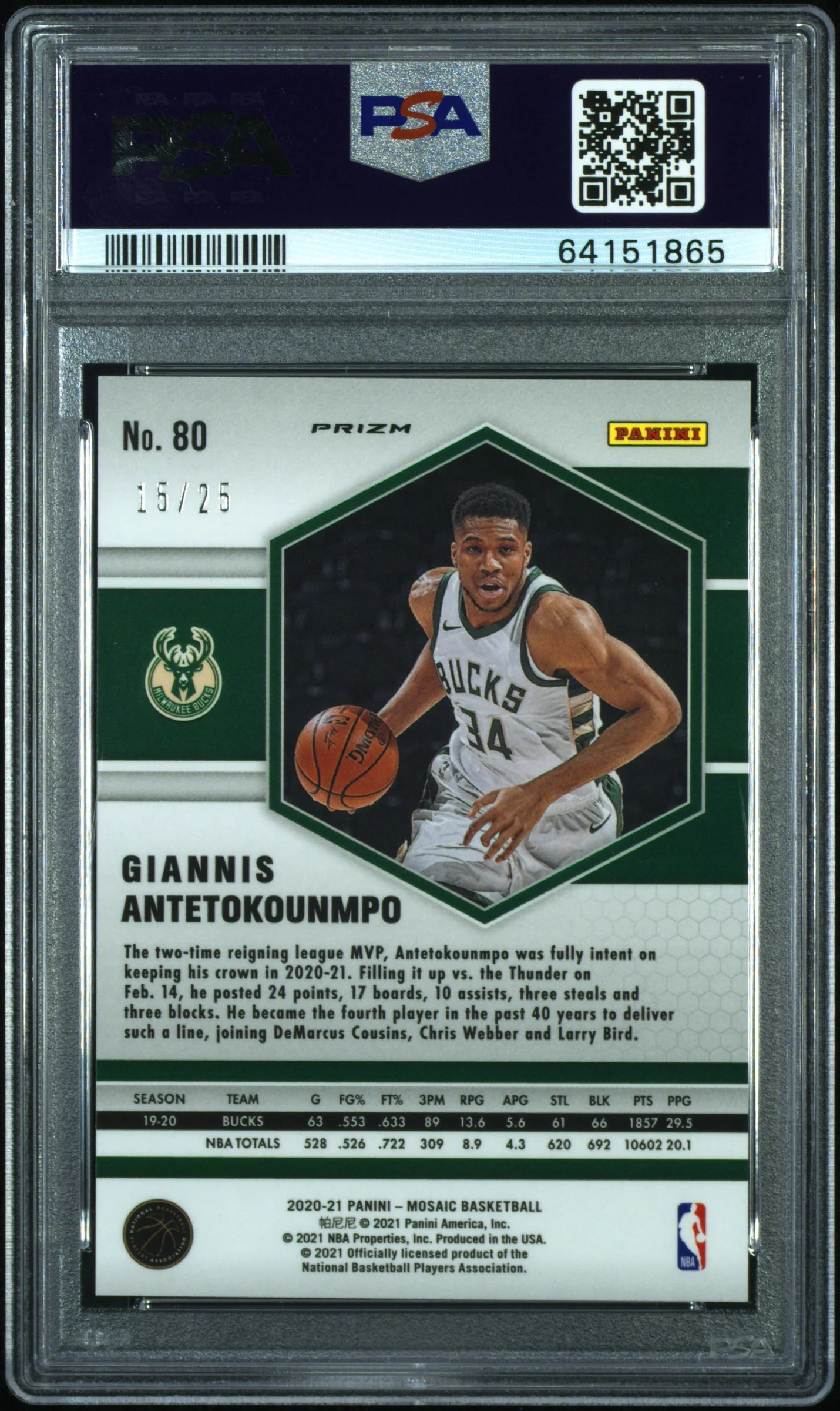 G.ANTETOKOUNMPO | 2020 PANINI MOSAIC 80 | WHITE MOSAIC | PSA GEM MT 10 - Image 2