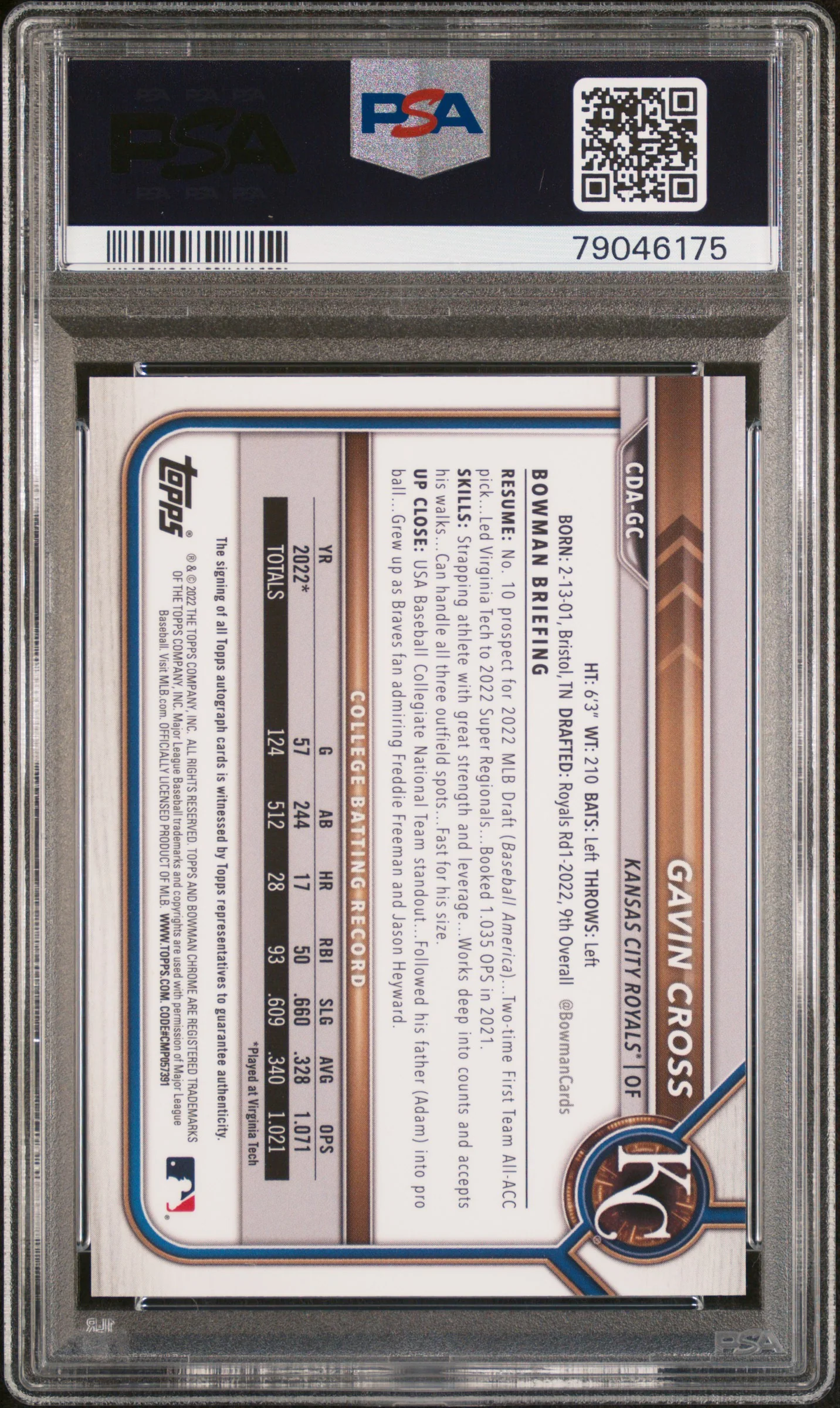 GAVIN CROSS | 2022 BOWMAN DRAFT CHROME DRAFT PICK AUTOGRAPHS CDAGC | CHROME DP AUTO-BLUE REF. | PSA GEM MT 10 - Image 2