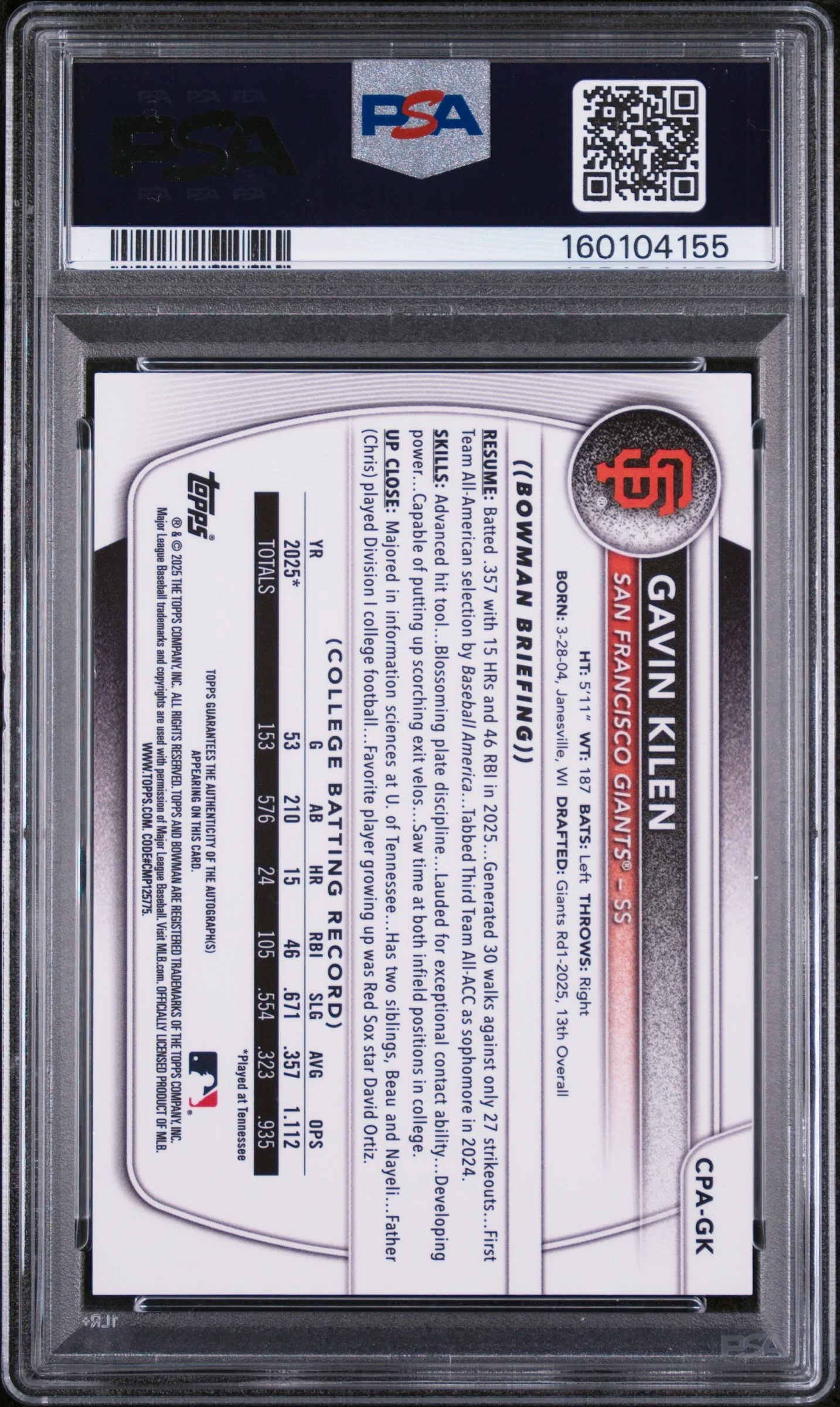 GAVIN KILEN | 2025 BOWMAN DRAFT CHROME PROSPECT AUTOGRAPHS CPA-GK | PSA NM-MT 8 - Image 2