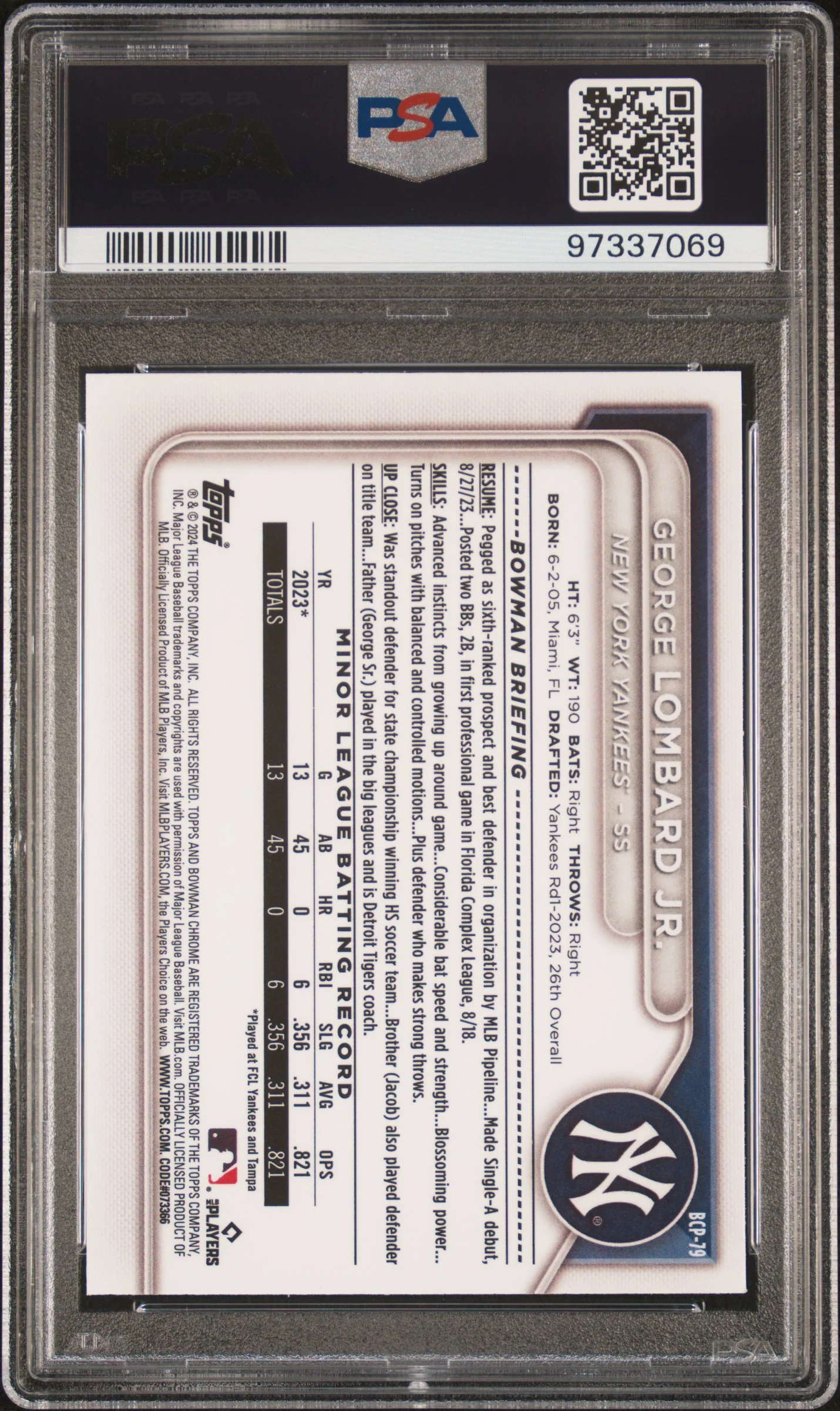 GEORGE LOMBARD JR. | 2024 BOWMAN MEGA BOX CHROME PROSPECTS 79 | PSA GEM MT 10 - Image 2
