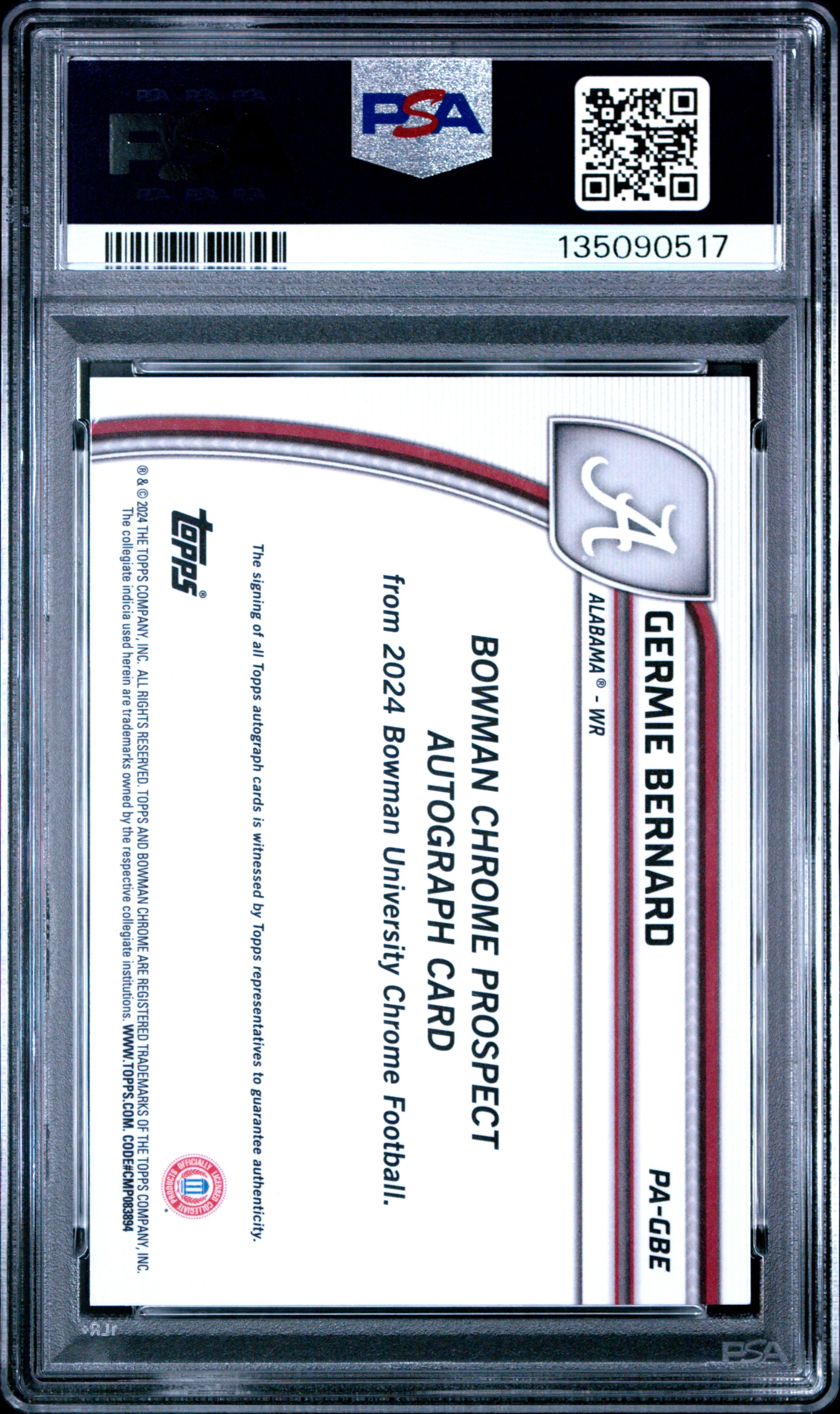 GERMIE BERNARD | 2024 BOWMAN UNIVERSITY CHROME BOWMAN CHROME PROSPECT AUTOGRAPHS PAGBE | PSA MINT 9 - Image 2