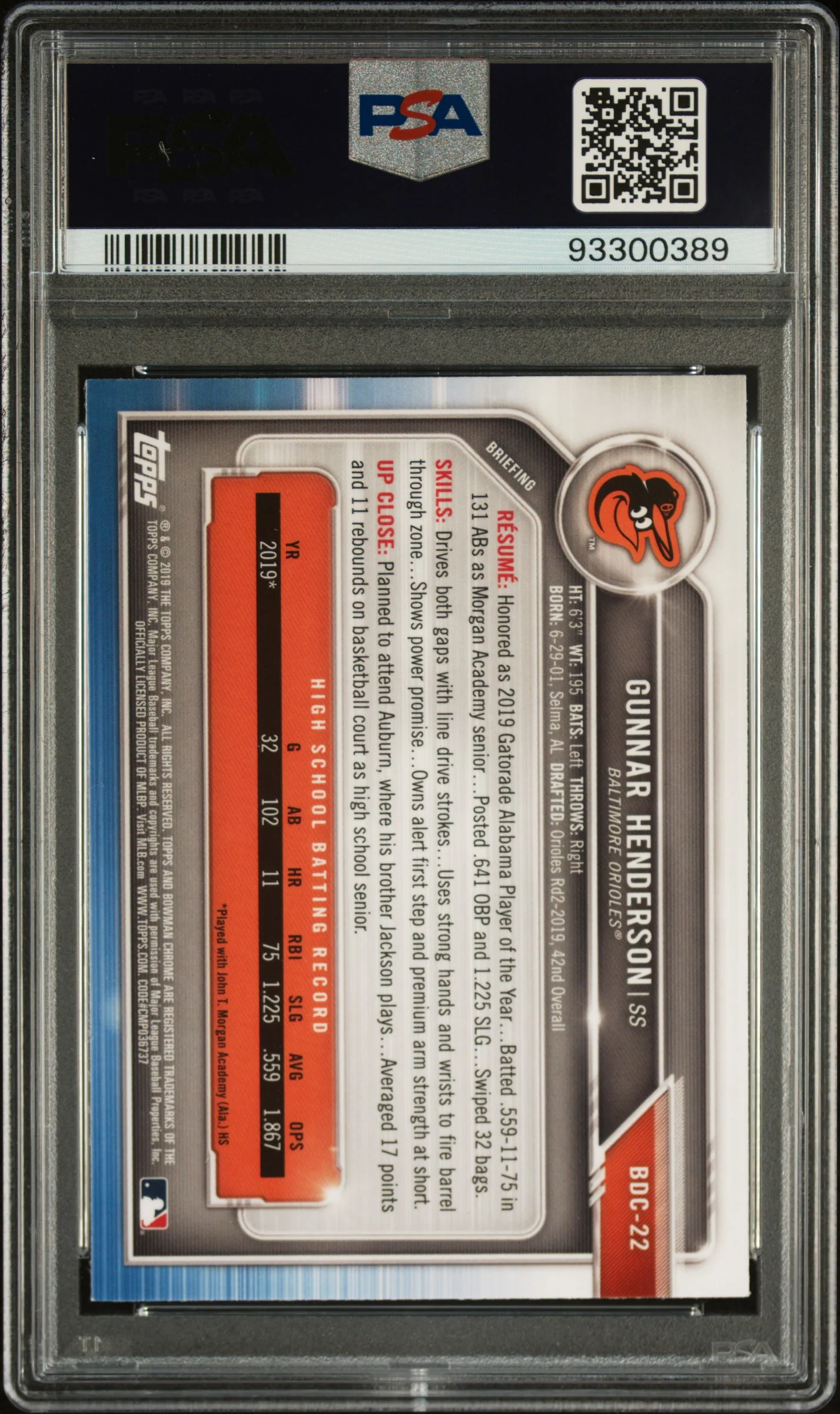 GUNNAR HENDERSON | 2019 BOWMAN DRAFT CHROME SAPPHIRE EDITION BDC22 | CHROME SAPPHIRE EDITION | PSA MINT 9 - Image 2