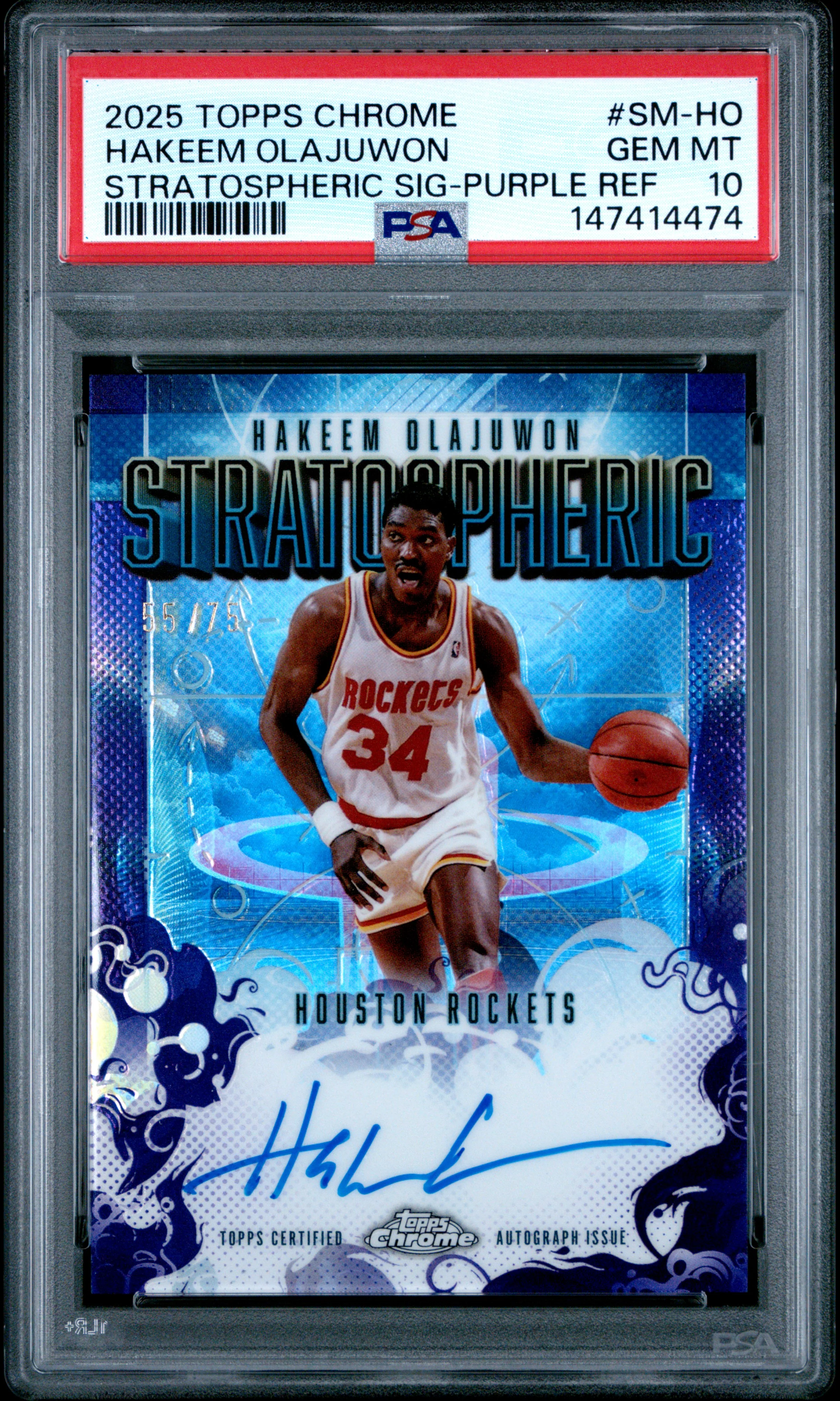 HAKEEM OLAJUWON | 2025 TOPPS CHROME STRATOSPHERIC SIGNATURES SM-HO | STRATOSPHERIC SIG-PURPLE REF | PSA GEM MT 10