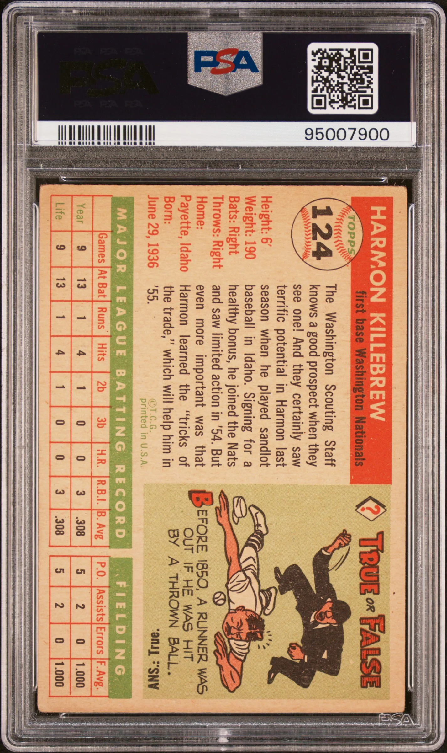HARMON KILLEBREW | 1955 TOPPS 124 | PSA VG 3 - Image 2