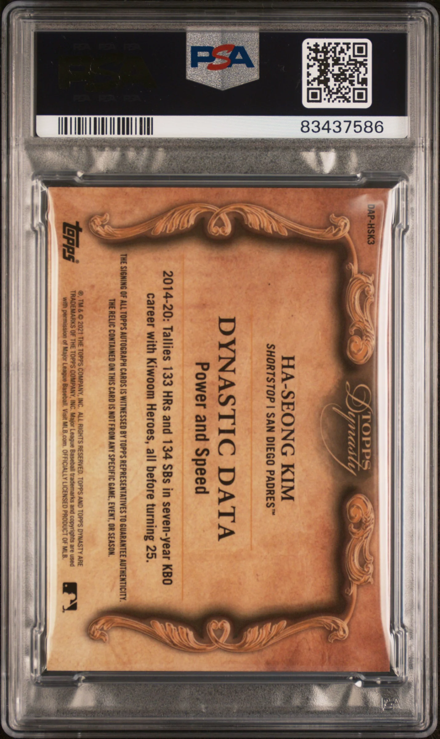 HA-SEONG KIM | 2021 TOPPS DYNASTY AUTOGRAPHED PATCH HSK3 | AUTOGRAPHED PATCH | PSA GEM MT 10 - Image 2