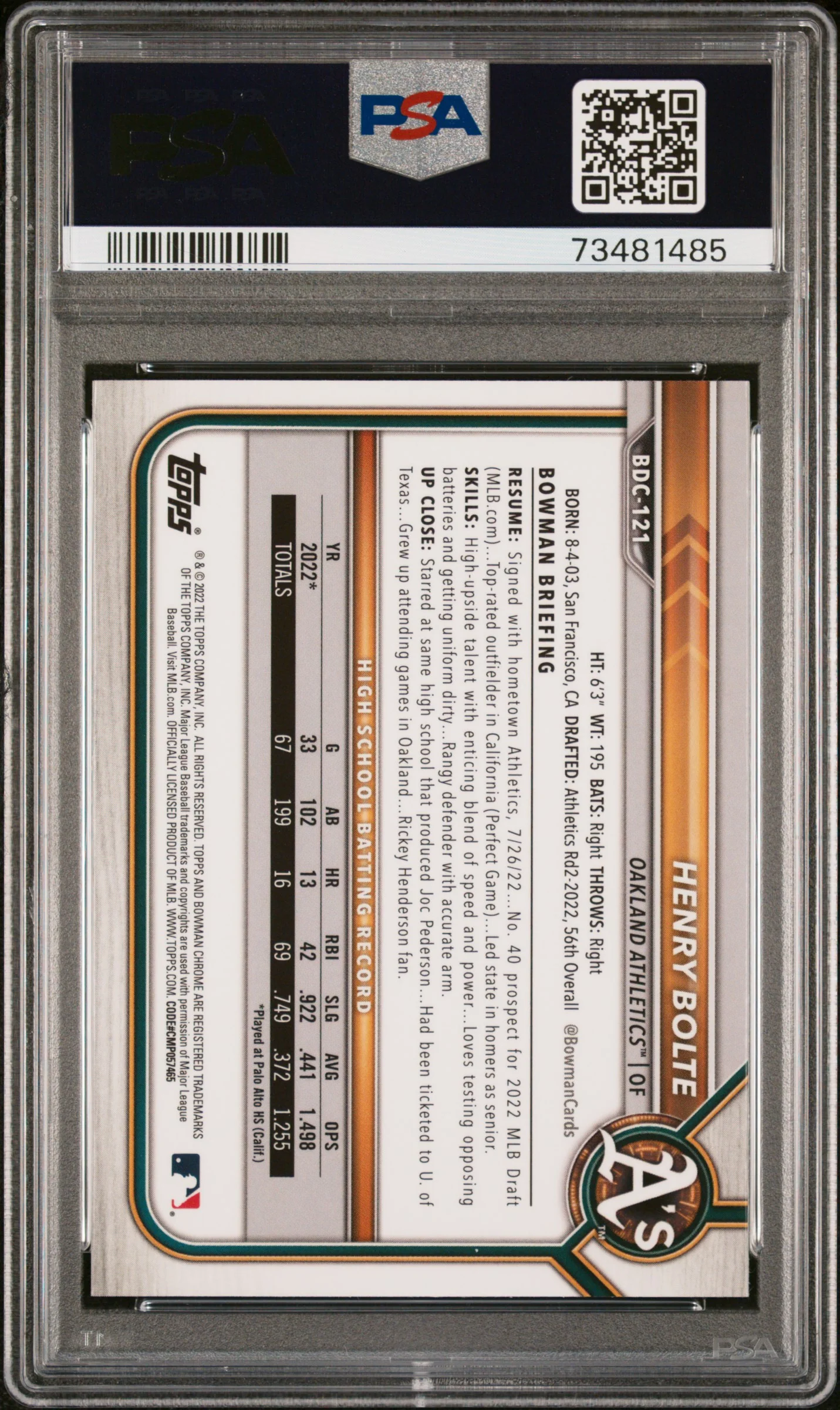 HENRY BOLTE | 2022 BOWMAN DRAFT CHROME SAPPHIRE EDITION BDC121 | PSA GEM MT 10 - Image 2