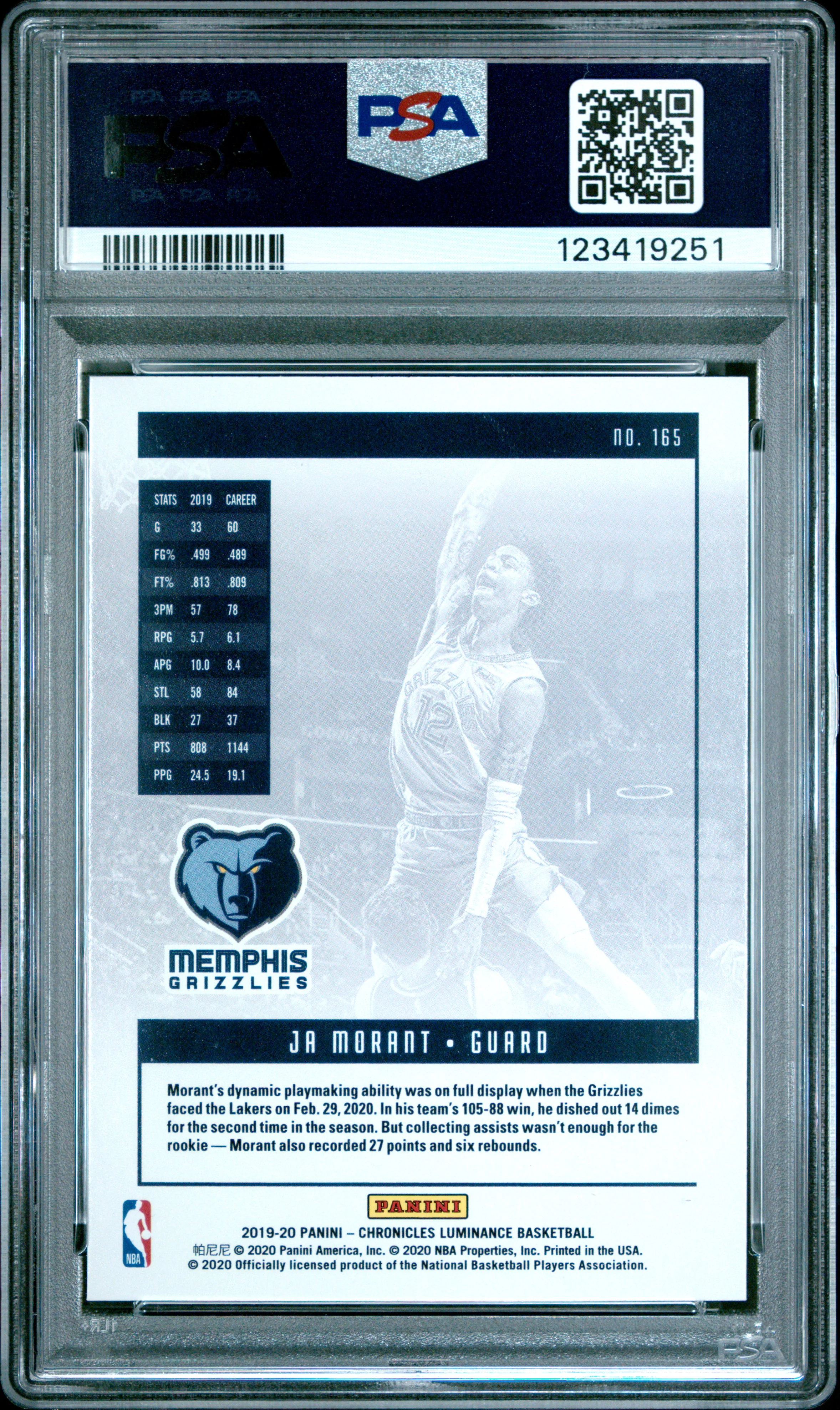 JA MORANT | 2019 PANINI CHRONICLES 165 | PSA GEM MT 10 - Image 2