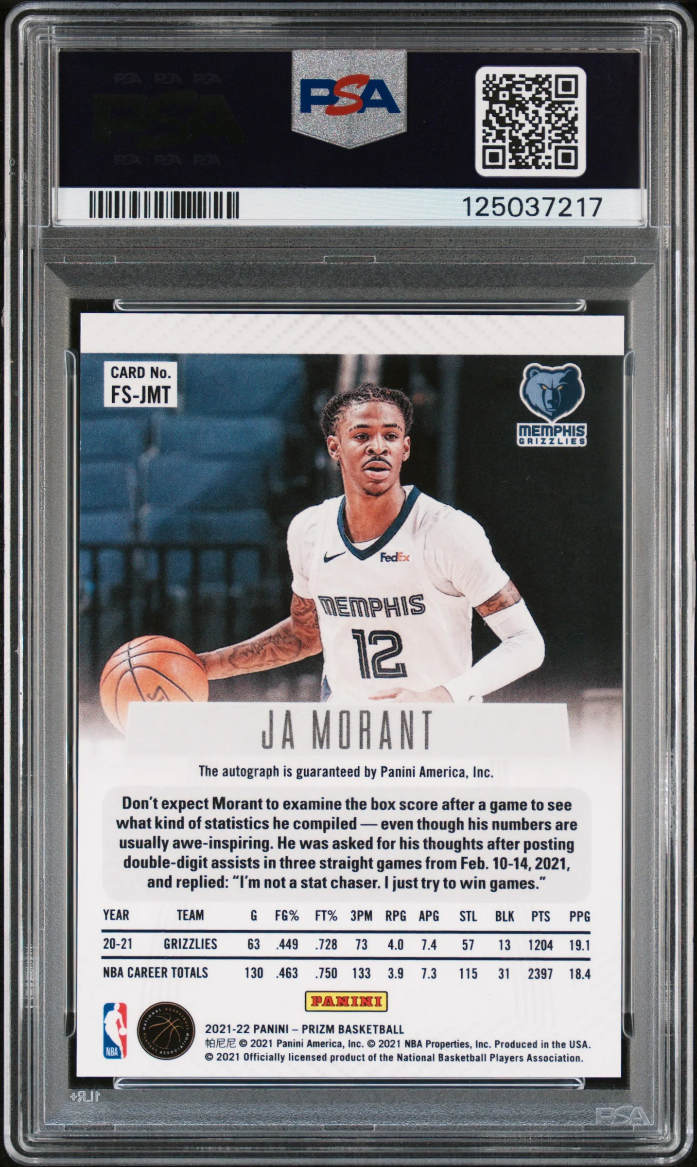 JA MORANT | 2021 PANINI PRIZM FLASHBACK SIGNATURES FSJMT | FLASHBACK SIGNATURES | PSA MINT 9 - Image 2